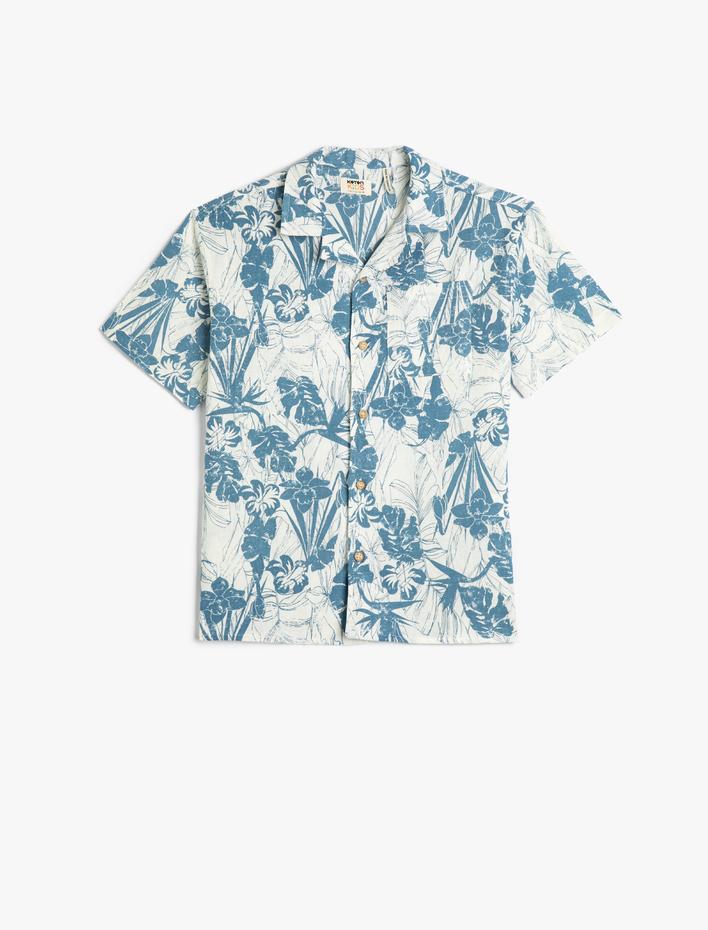 Erkek Çocuk Keten Gömlek Floral Desenli Kısa Kollu Cepli