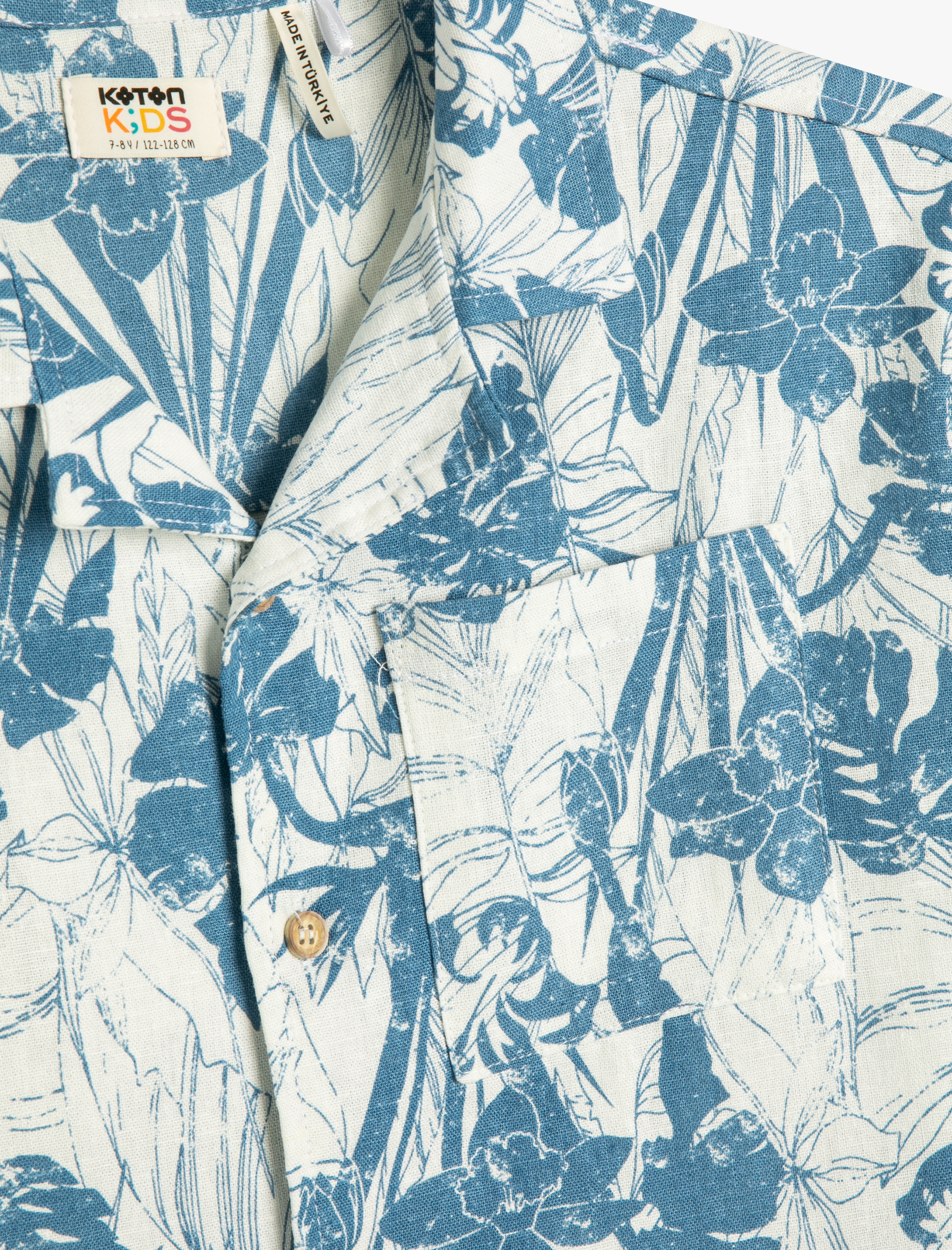  Erkek Çocuk Keten Gömlek Floral Desenli Kısa Kollu Cepli