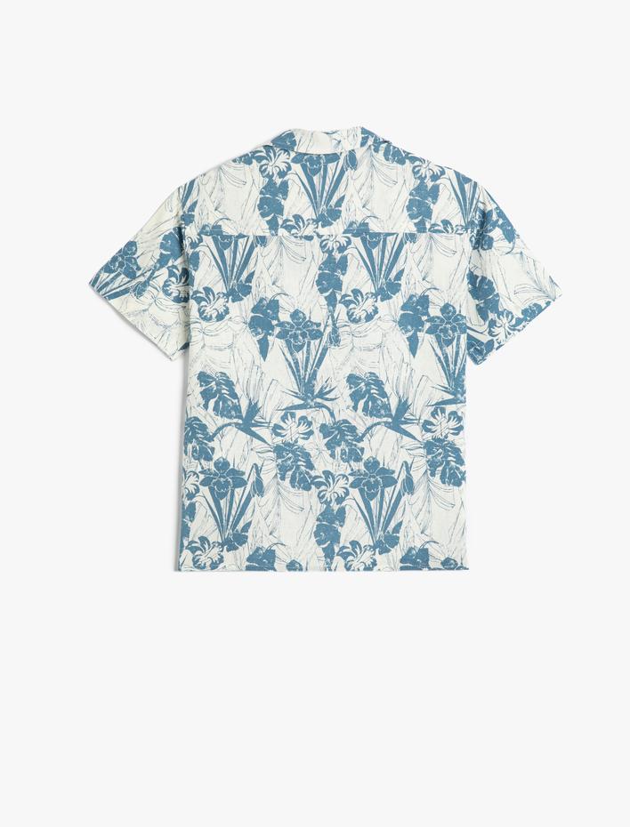 Erkek Çocuk Keten Gömlek Floral Desenli Kısa Kollu Cepli