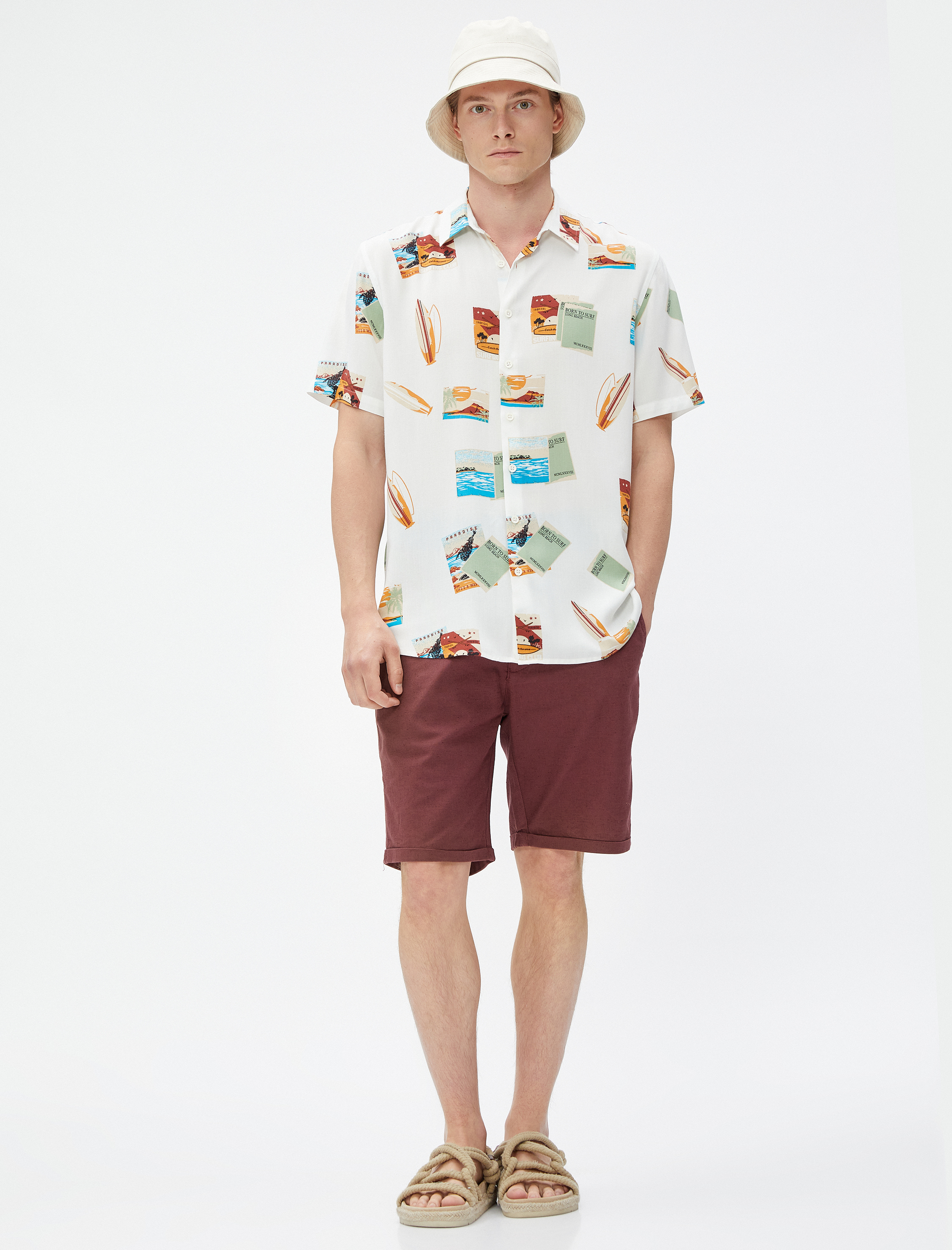   Keten Karışım Bermuda Şort Beli Bağcıklı Cep Detaylı