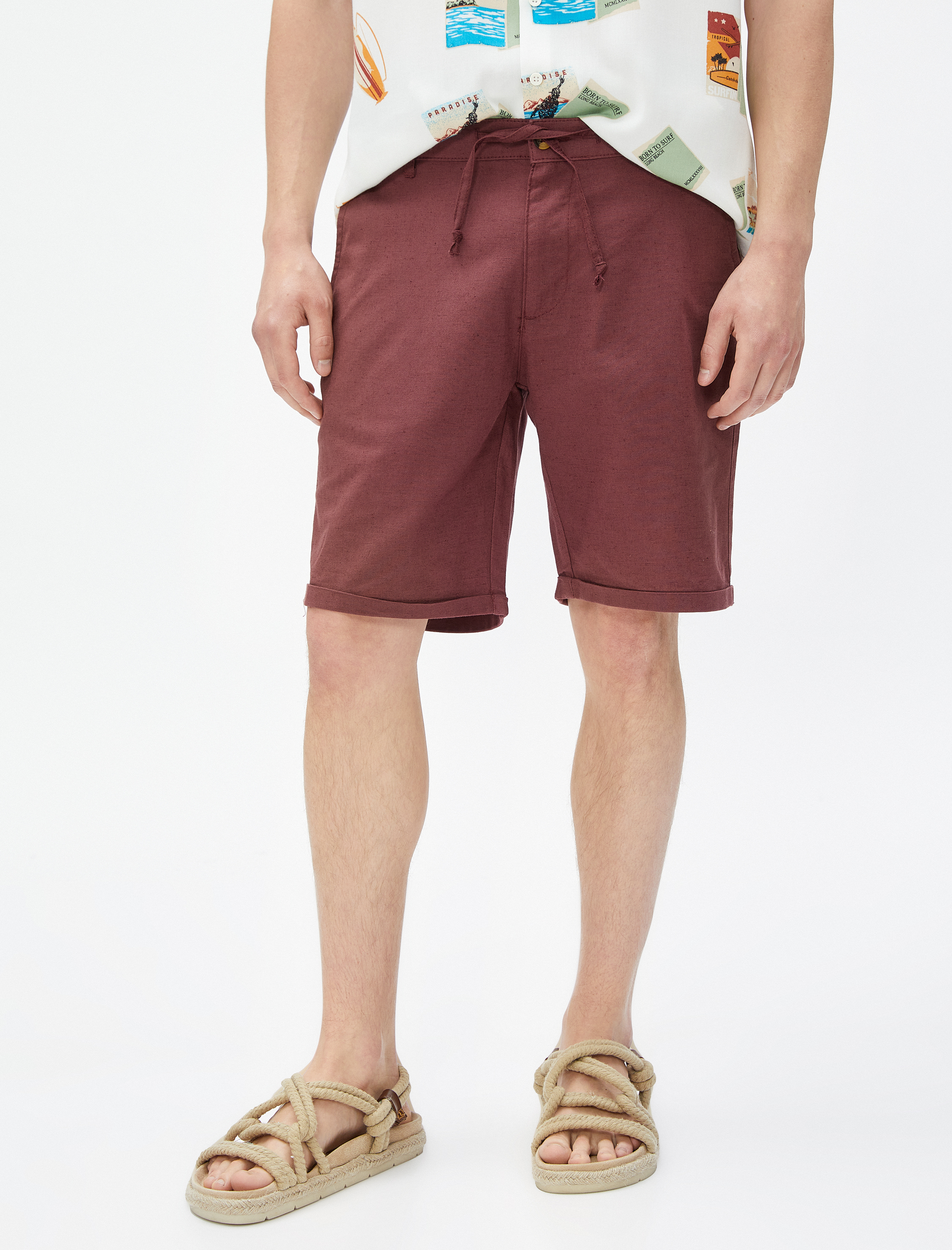   Keten Karışım Bermuda Şort Beli Bağcıklı Cep Detaylı