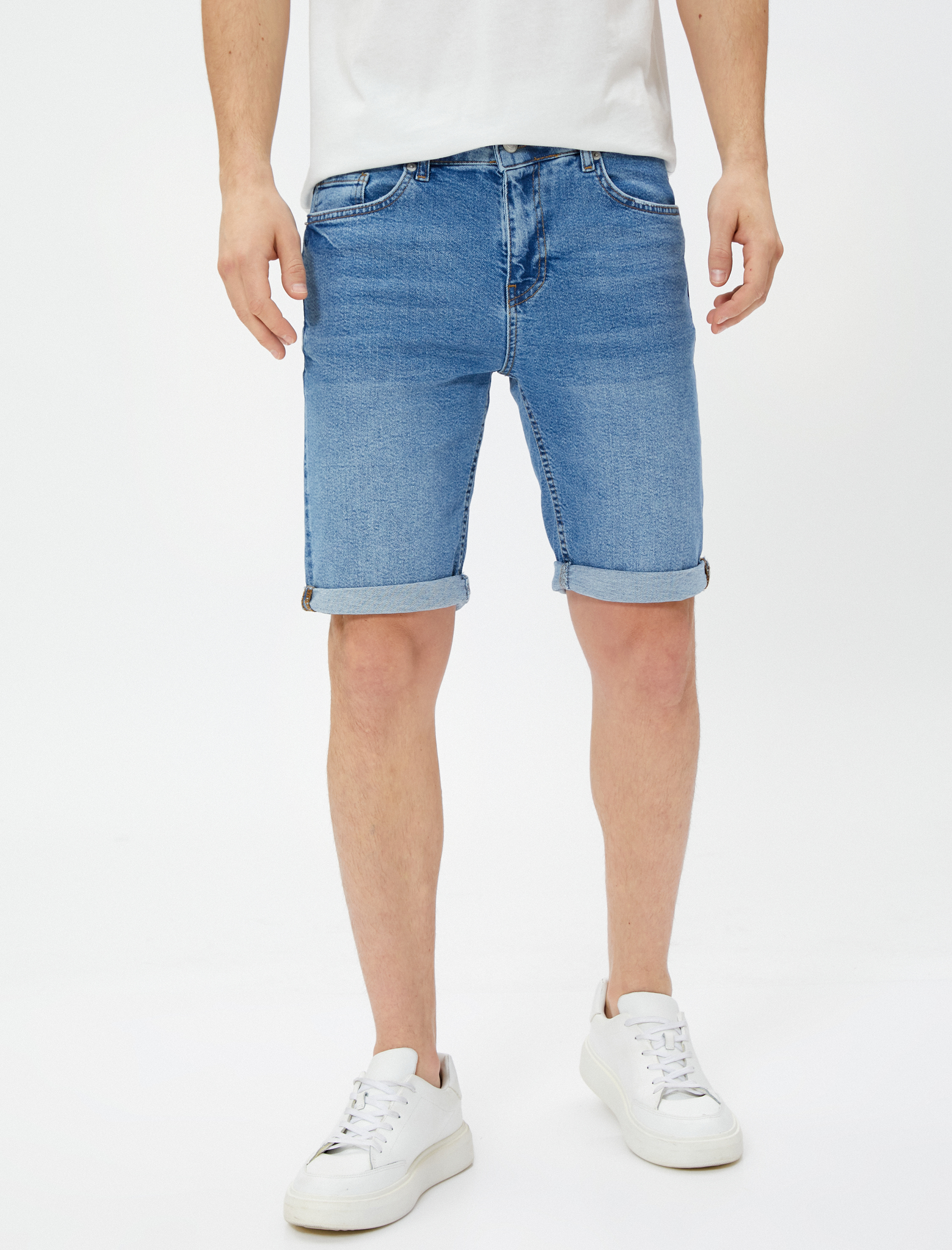   Bermuda Kot Şort Katlama Detaylı Cepli Pamuklu