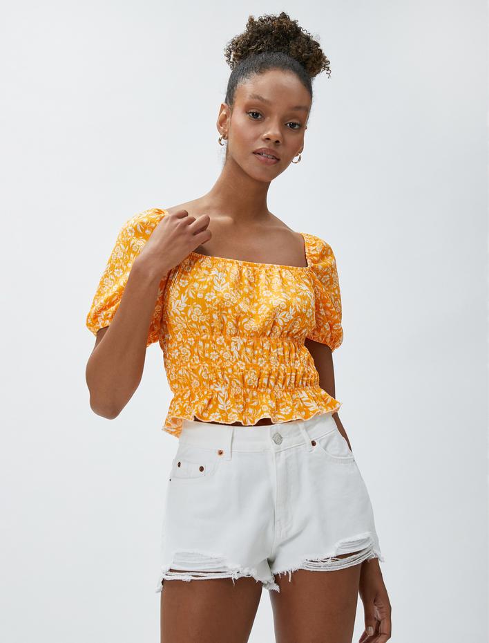  Crop Tişört Çiçekli Gipeli Balon Kol Bürümcük