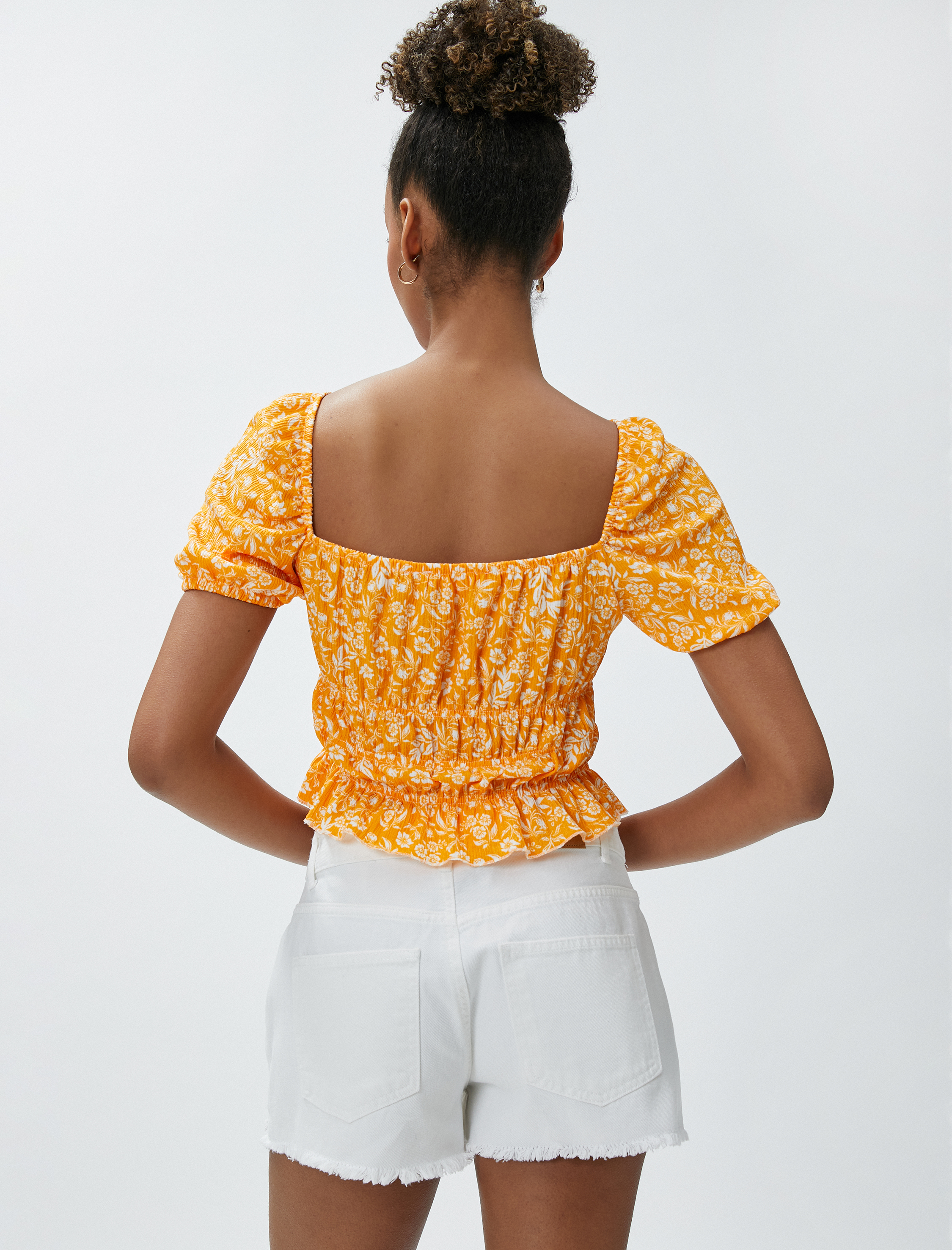   Crop Tişört Çiçekli Gipeli Balon Kol Bürümcük