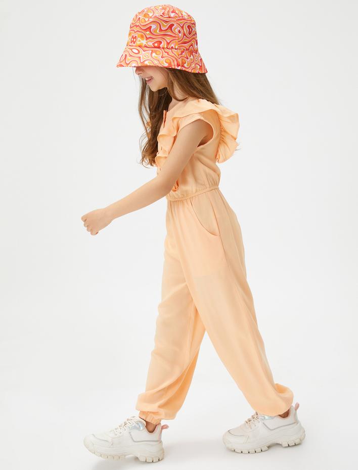 Kız Çocuk Tulum Tam Boy Kolsuz Fırfırlı Cepli Viskon Kumaş