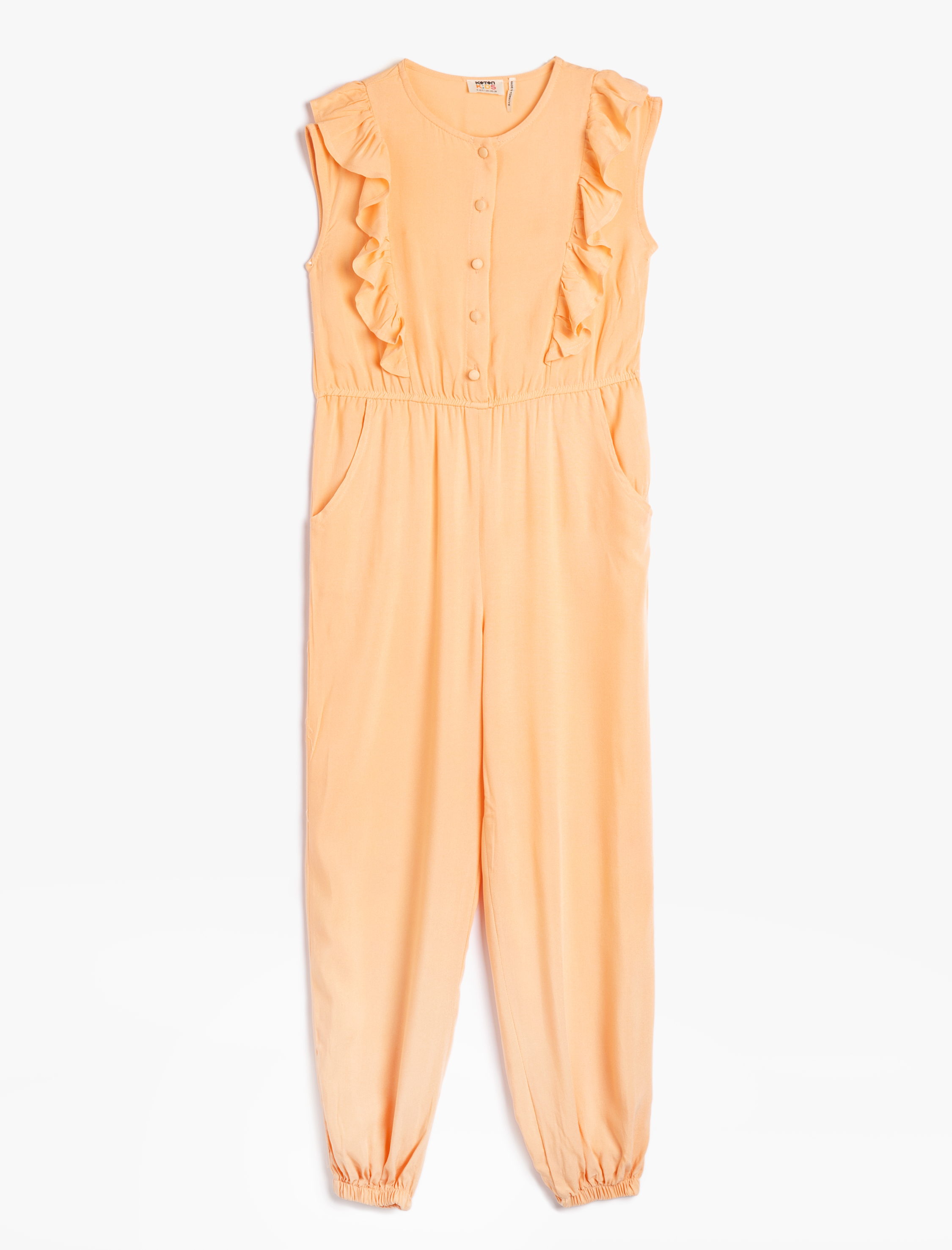  Kız Çocuk Tulum Tam Boy Kolsuz Fırfırlı Cepli Viskon Kumaş