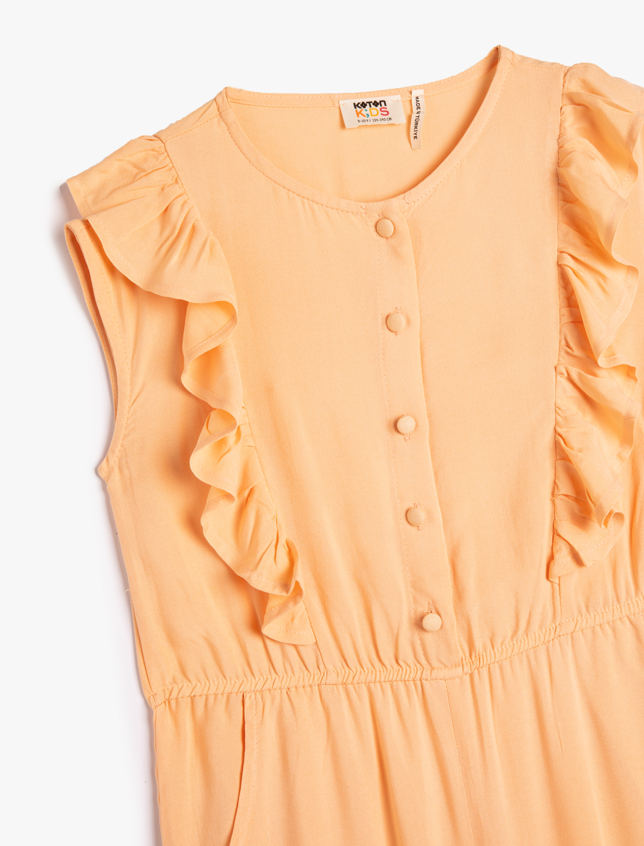  Kız Çocuk Tulum Tam Boy Kolsuz Fırfırlı Cepli Viskon Kumaş