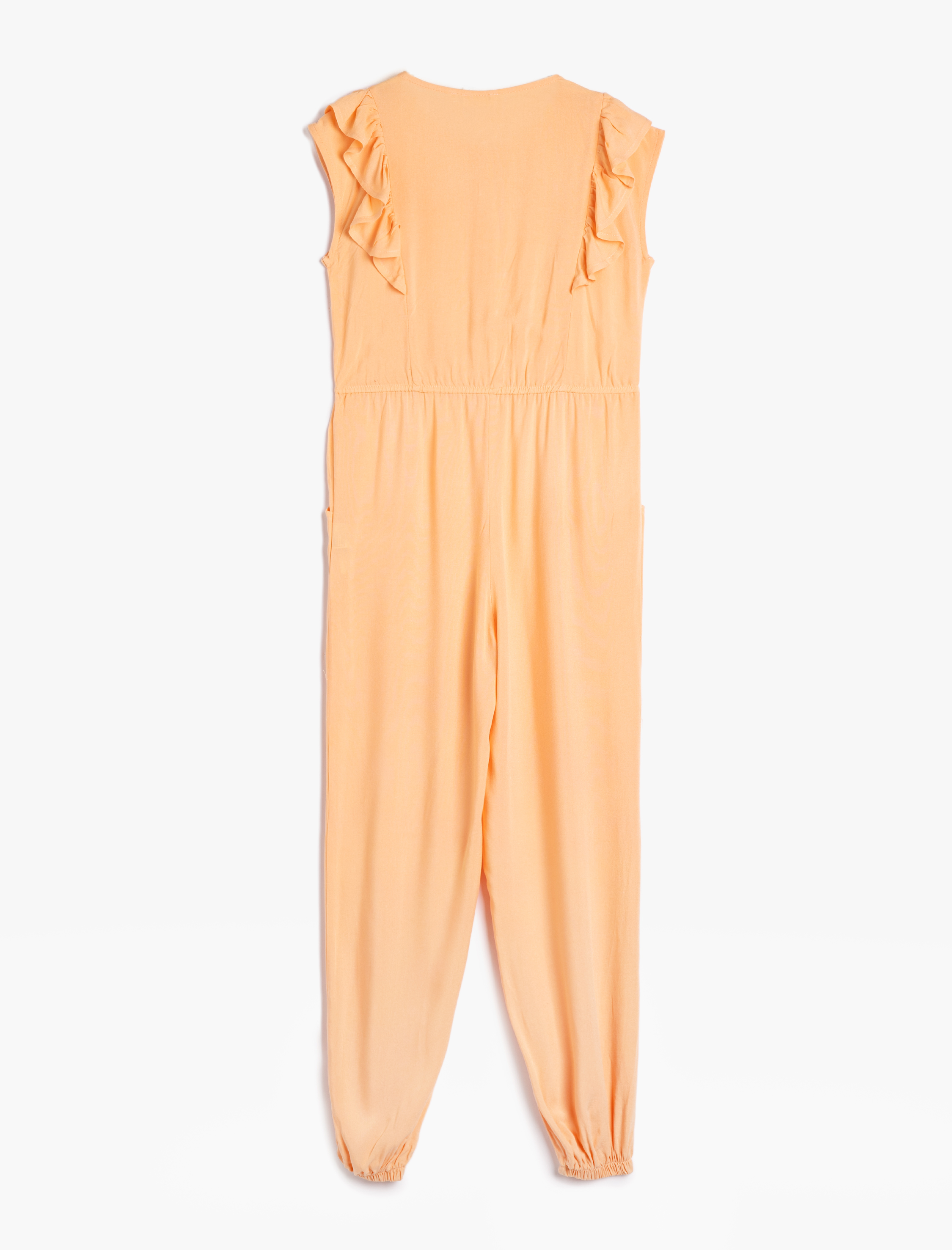  Kız Çocuk Tulum Tam Boy Kolsuz Fırfırlı Cepli Viskon Kumaş