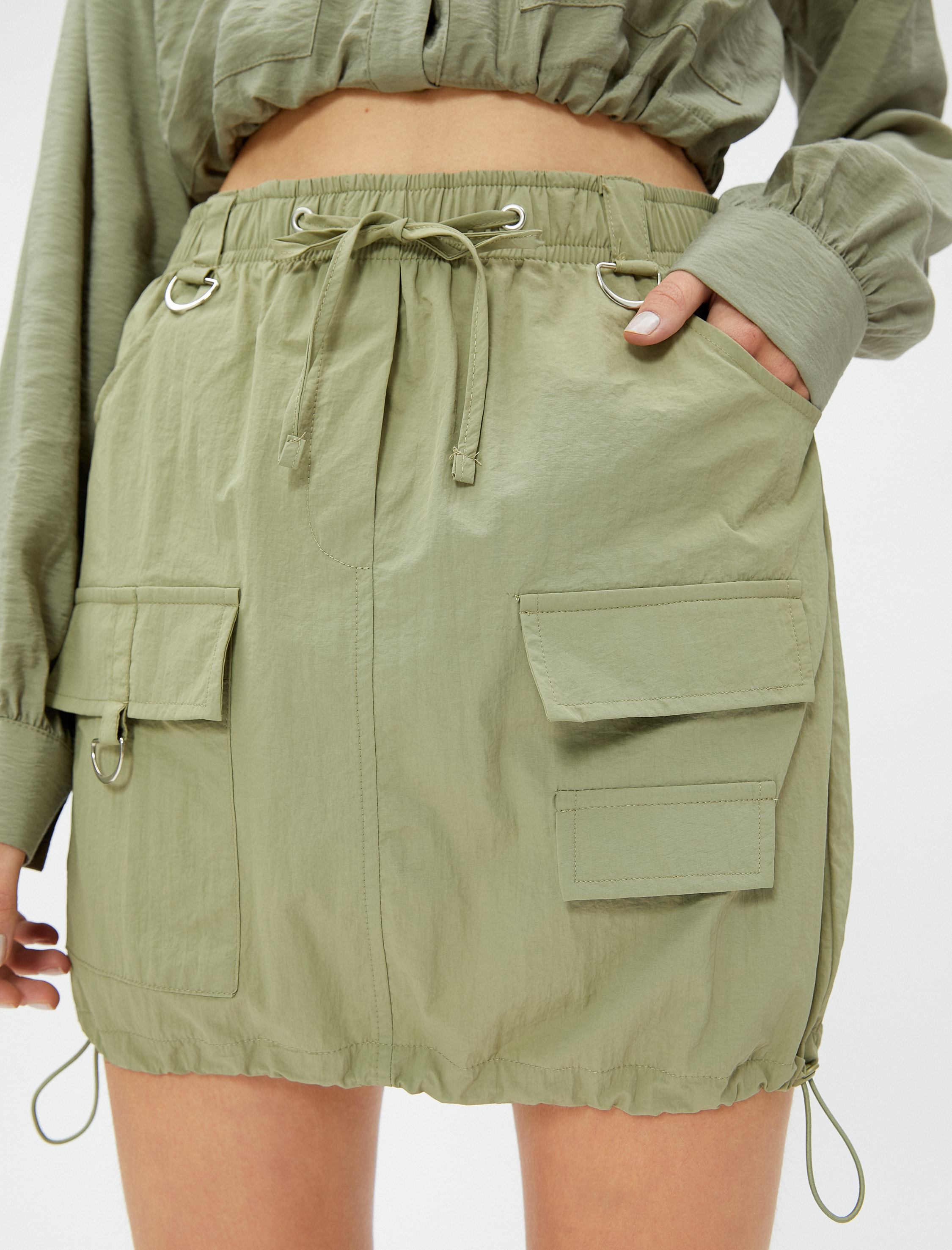   Paraşüt Etek Mini Beli Bağcıklı Cepli Stoperli