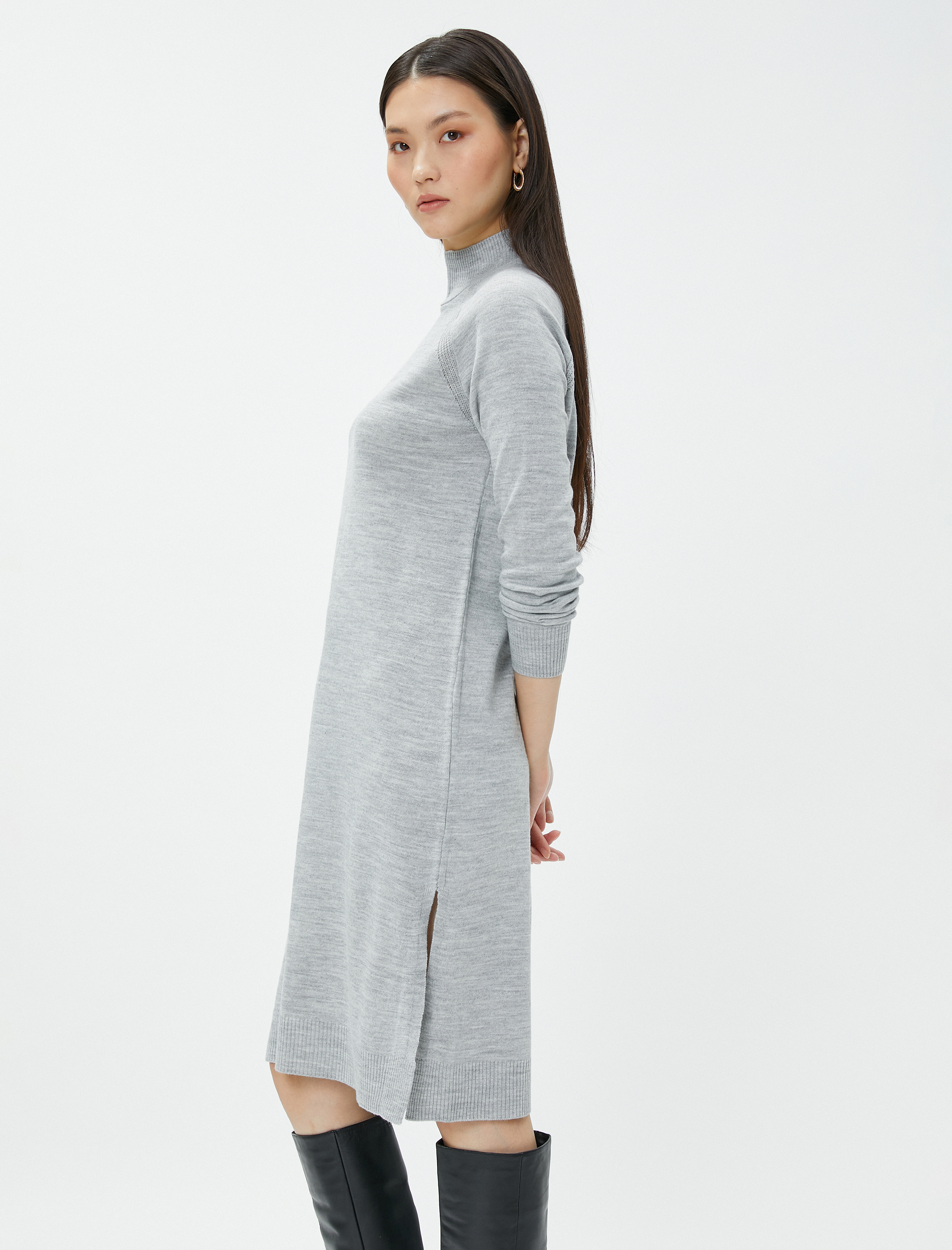   Midi Triko Elbise Dik Yaka Uzun Kollu