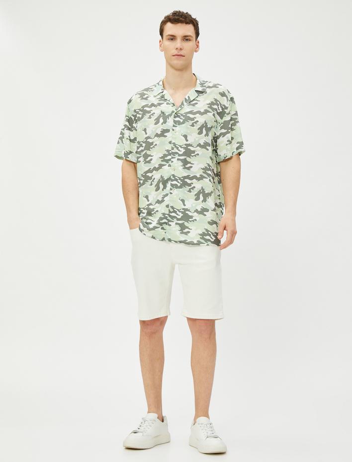  Kamuflaj Baskılı Gömlek Kısa Kollu Devrik Yaka Viskon Kumaş