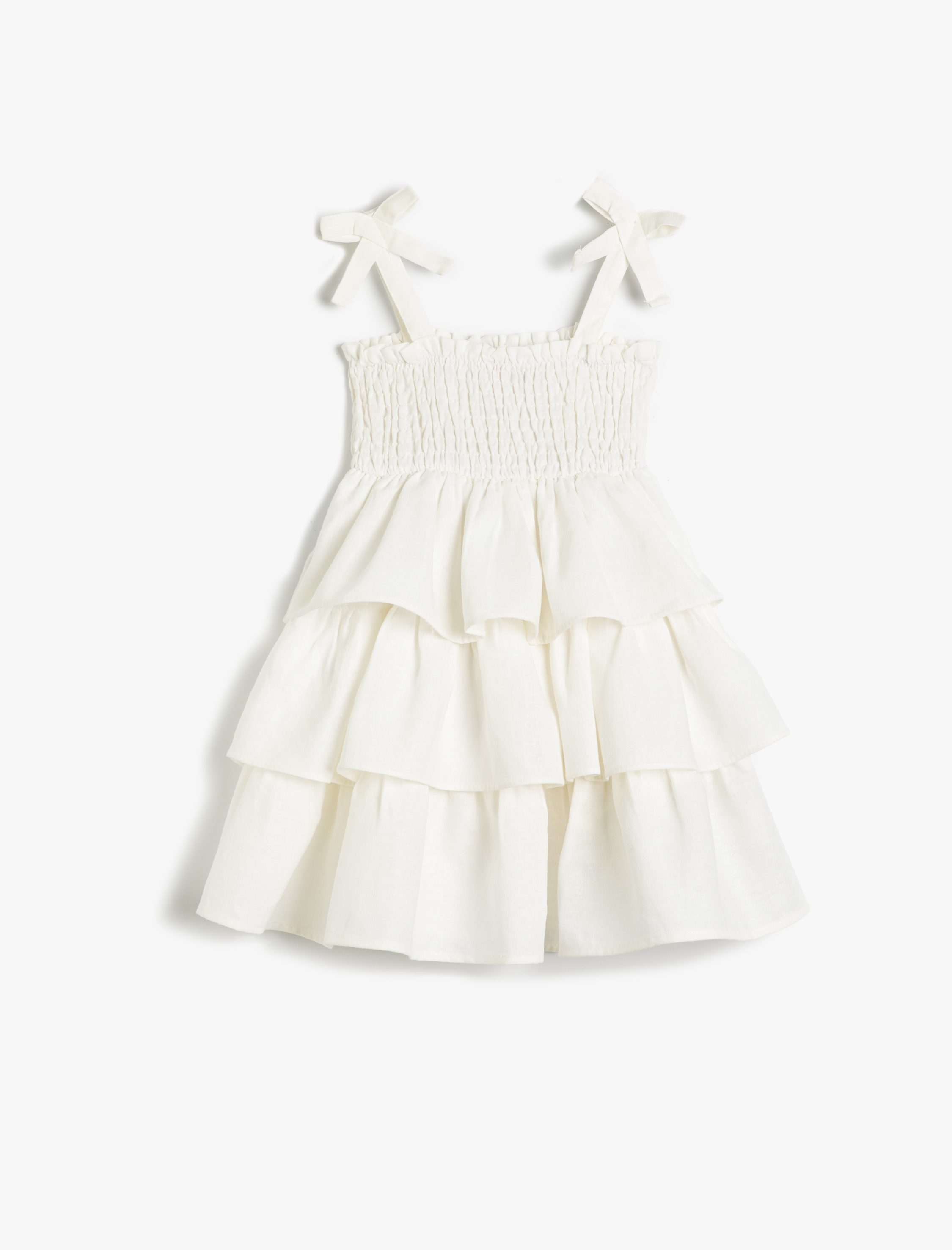 Kız Çocuk Elbise Keten Karışımlı Katlı Fırfırlı Gipe Detaylı Astarlı