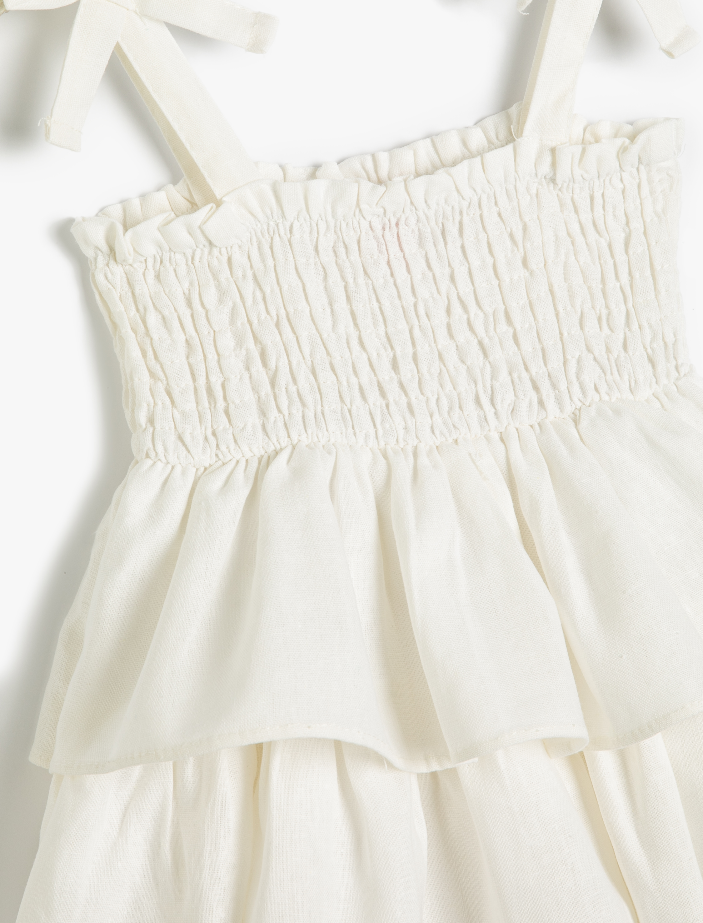 Kız Çocuk Elbise Keten Karışımlı Katlı Fırfırlı Gipe Detaylı Astarlı