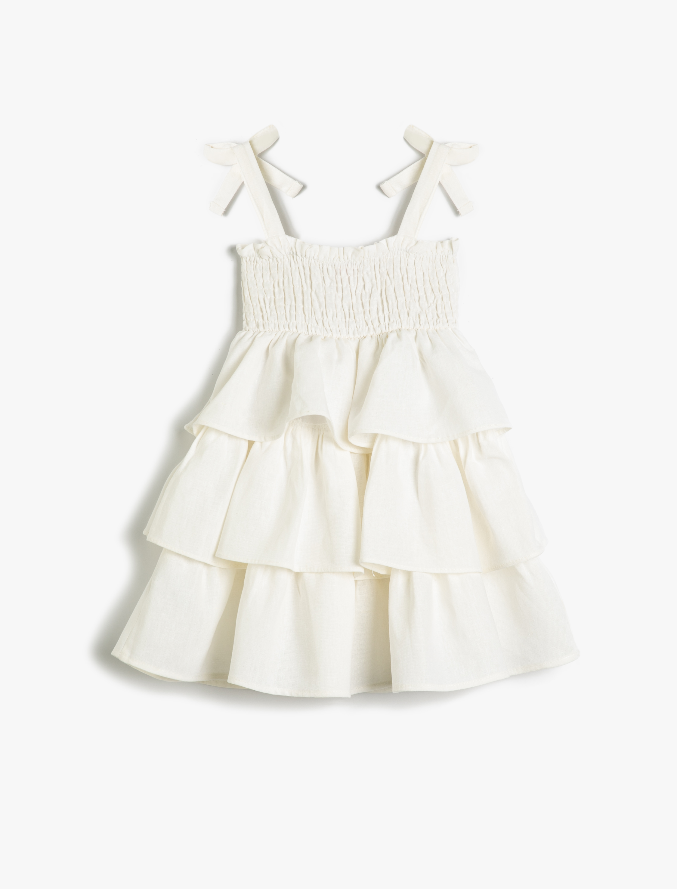 Kız Çocuk Elbise Keten Karışımlı Katlı Fırfırlı Gipe Detaylı Astarlı