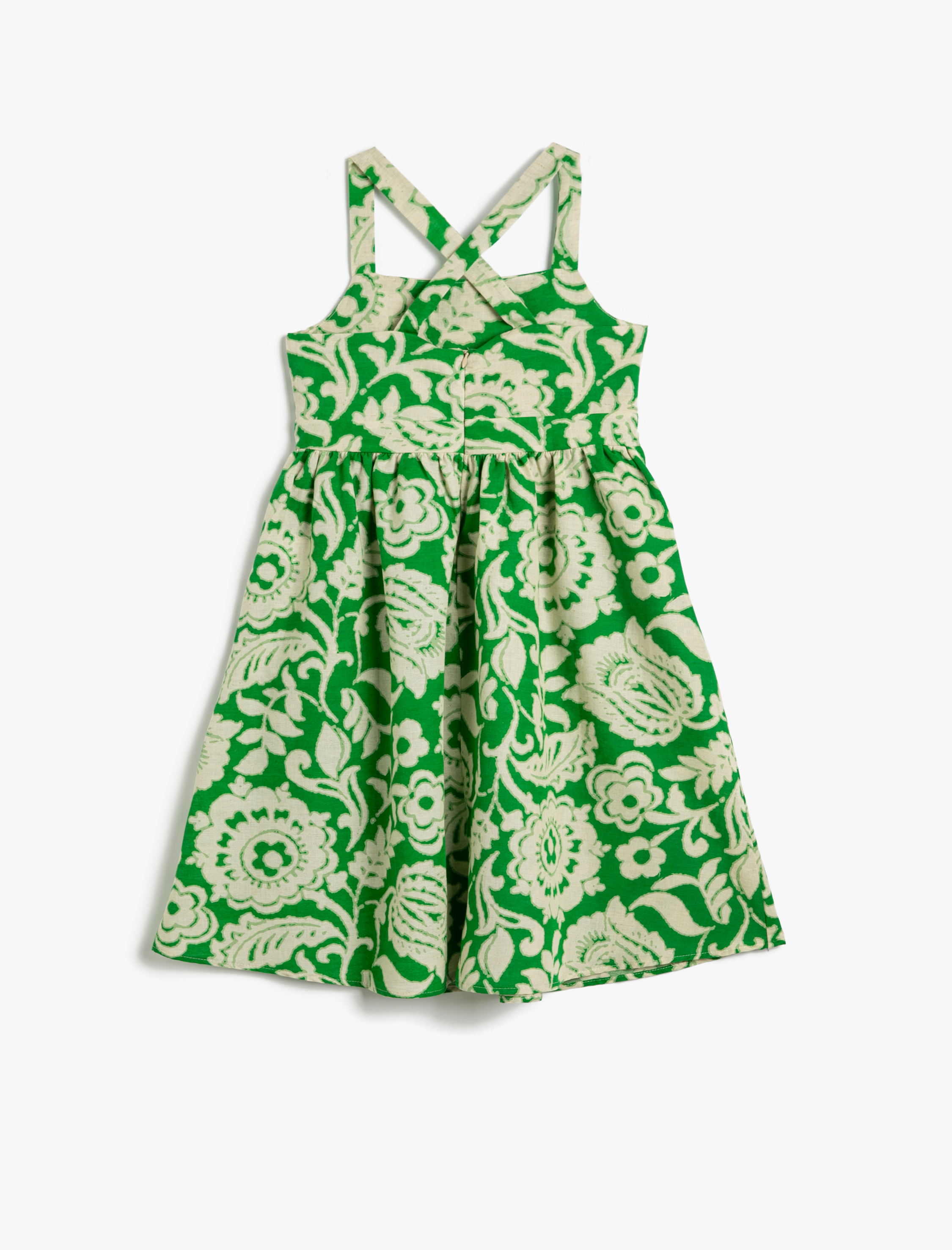  Kız Çocuk Elbise Keten Karışımlı Çiçekli Arkası Çapraz Askılı