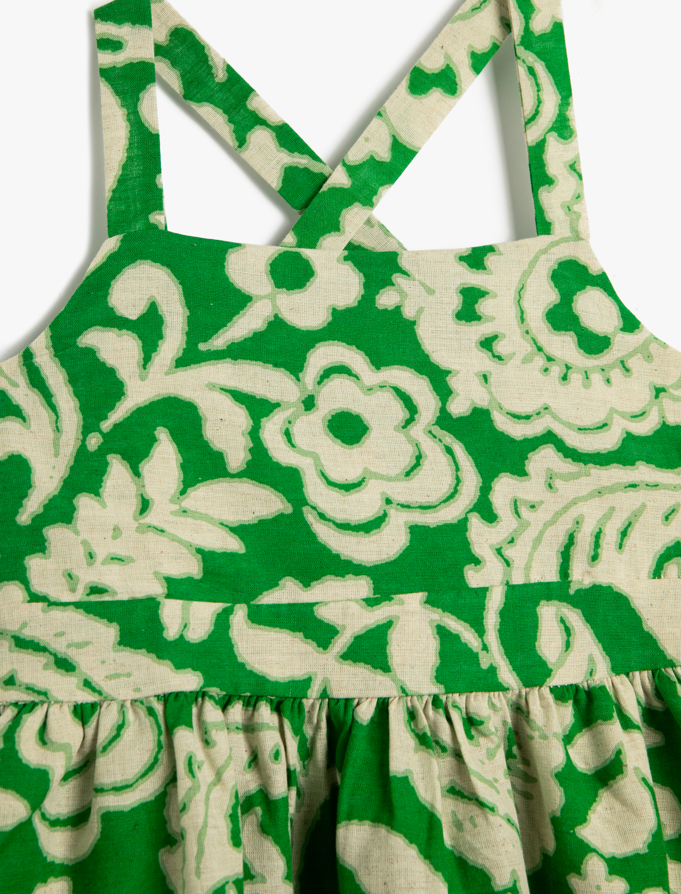  Kız Çocuk Elbise Keten Karışımlı Çiçekli Arkası Çapraz Askılı