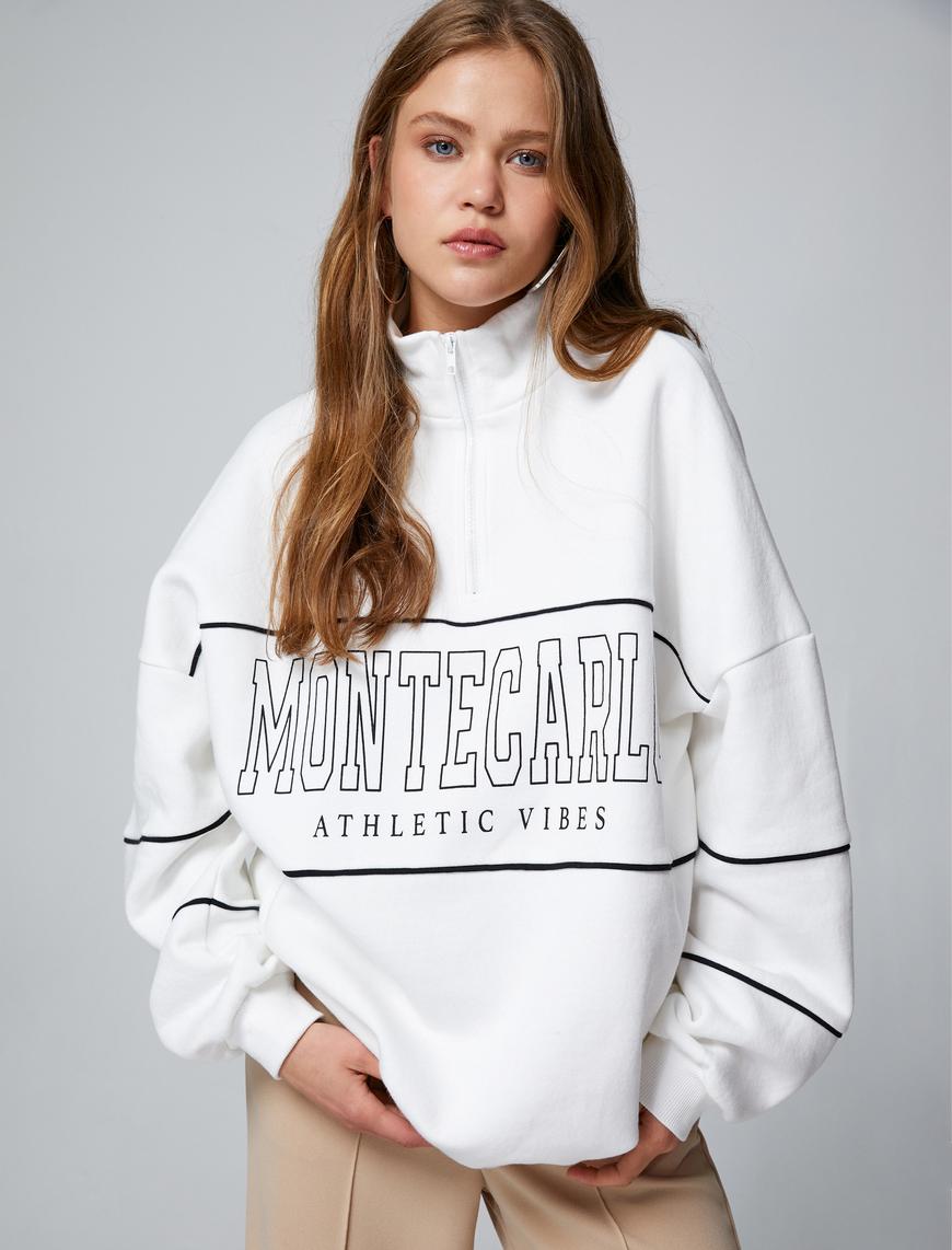   Şardonlu Yarım Fermuarlı Sweatshirt Oversize Baskılı Dik Yaka