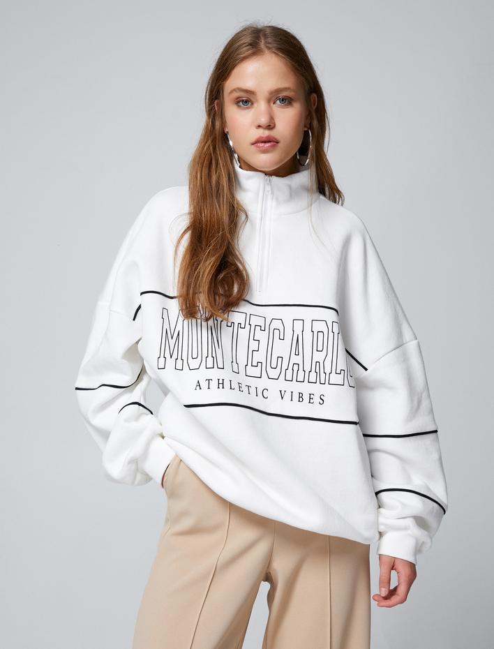  Şardonlu Yarım Fermuarlı Sweatshirt Oversize Baskılı Dik Yaka