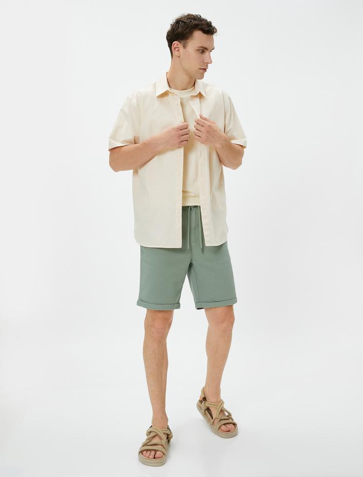  Basic Dokuma Şort Katlı Paça Beli Bağcıklı Cepli