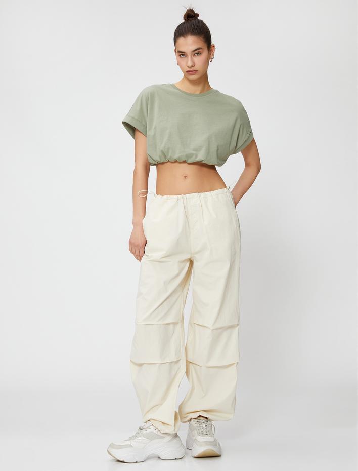  Crop Tişört Bisiklet Yaka Kısa Kollu Beli Lastikli