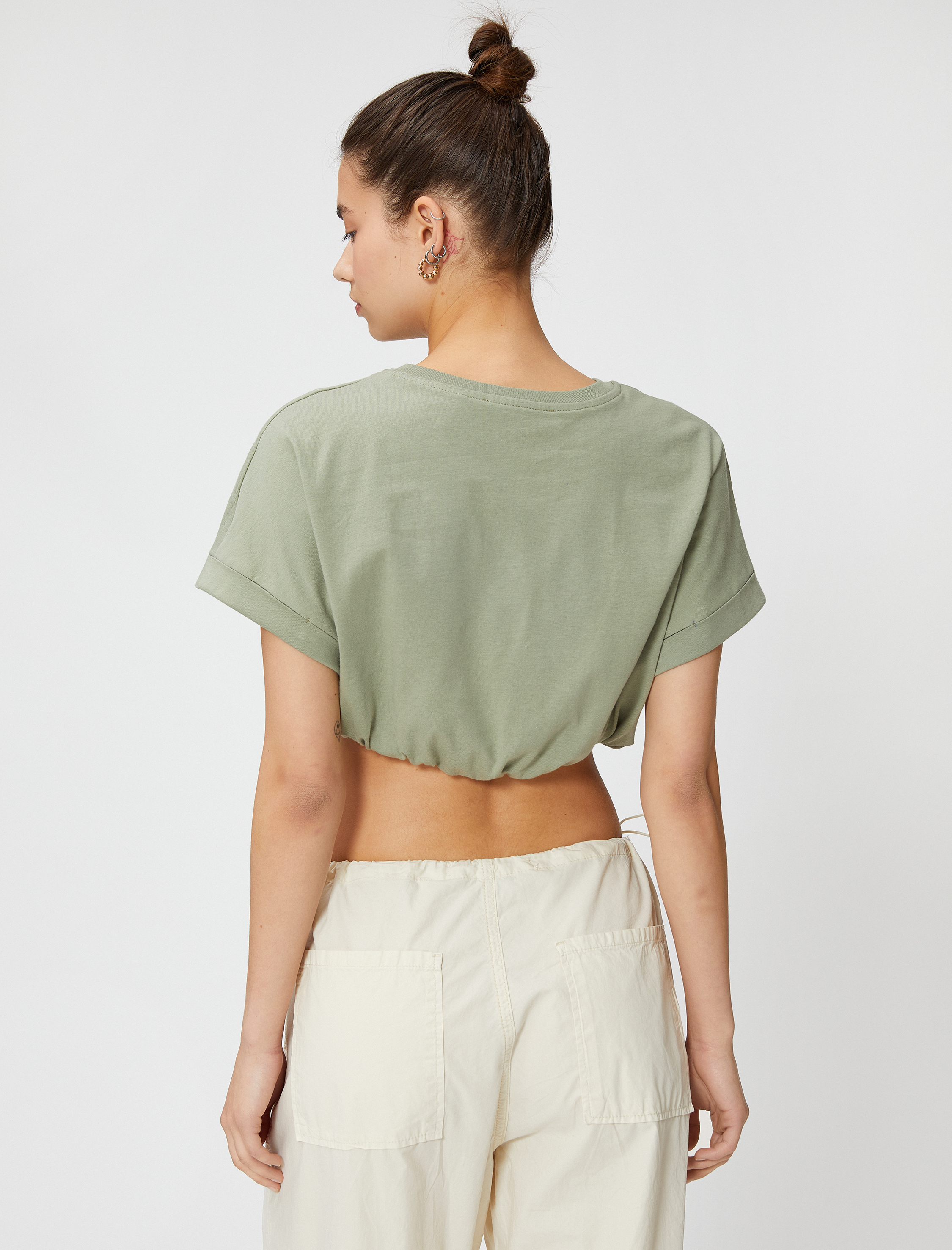   Crop Tişört Bisiklet Yaka Kısa Kollu Beli Lastikli