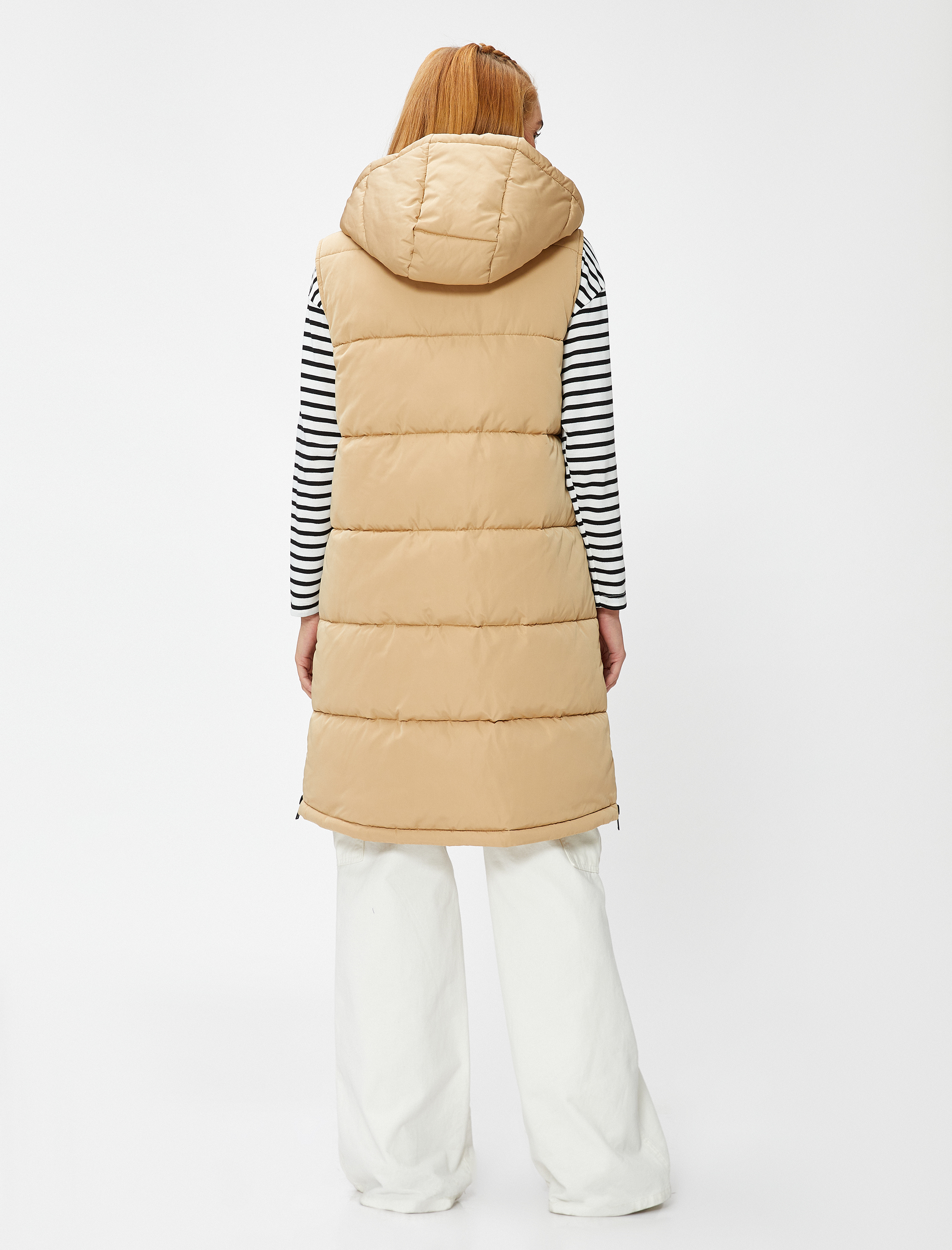   Uzun Şişme Yelek Kapüşonlu Cepli