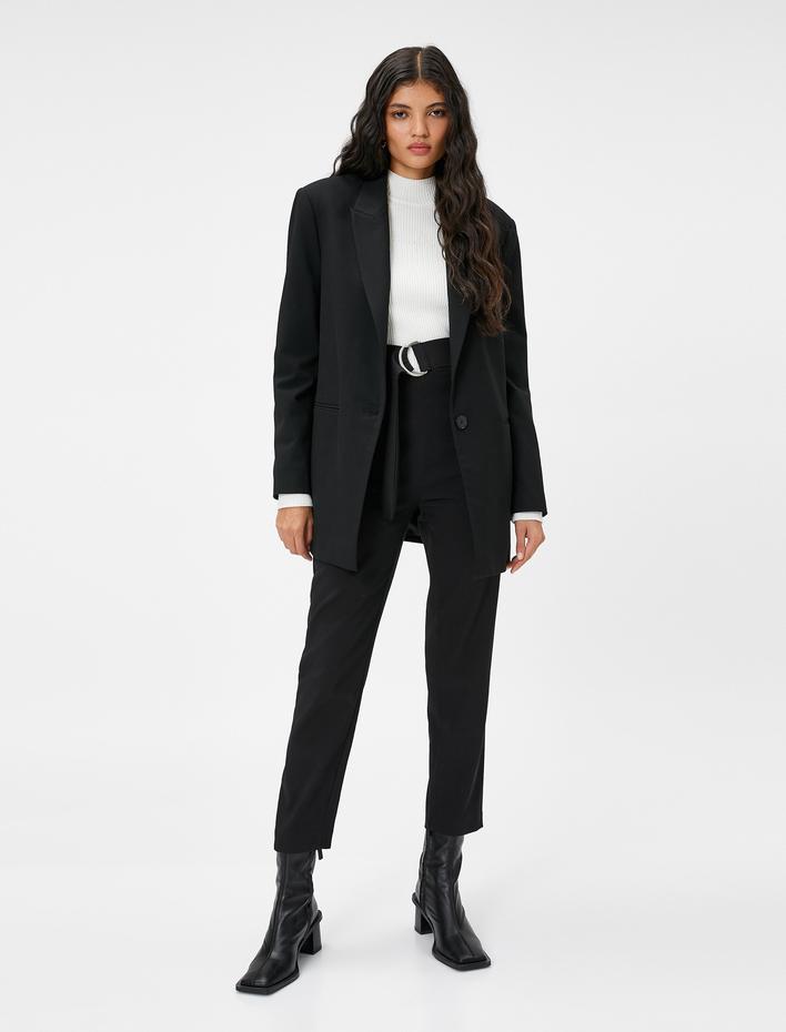  Yüksek Bel Kemerli Kumaş Pantolon