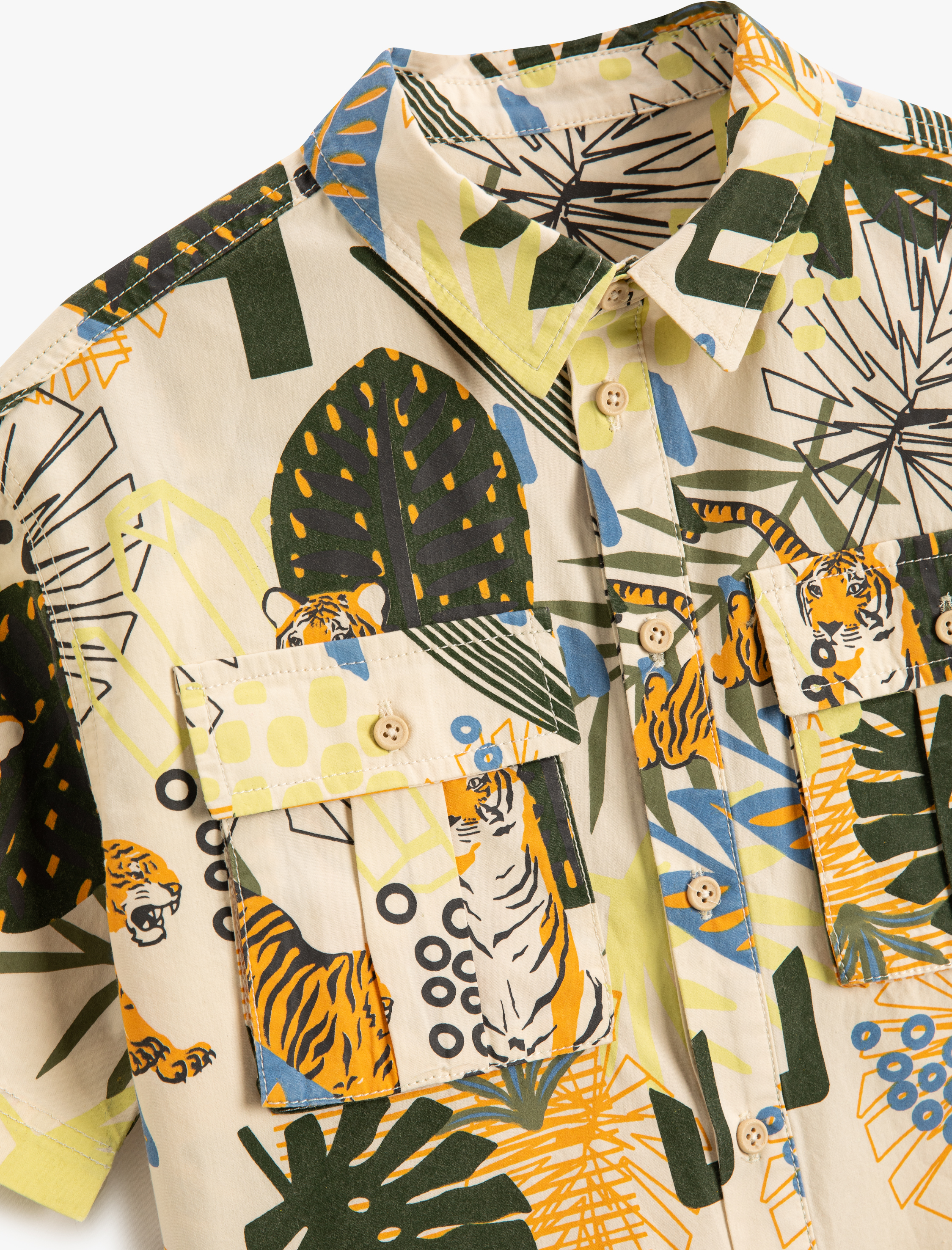  Erkek Çocuk Safari Gömlek Kısa Kollu Kapaklı Cepli Kaplan Baskılı Pamuklu