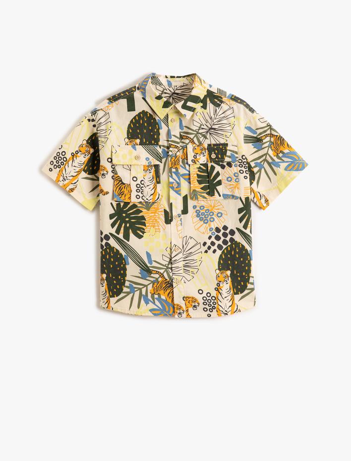 Erkek Çocuk Safari Gömlek Kısa Kollu Kapaklı Cepli Kaplan Baskılı Pamuklu