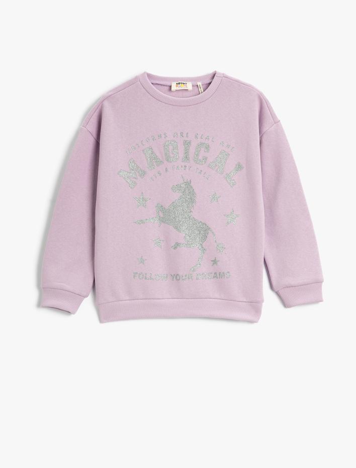 Kız Çocuk Unicorn Sweatshirt Simli Bisiklet Yaka Uzun Kollu Pamuklu Şardonlu