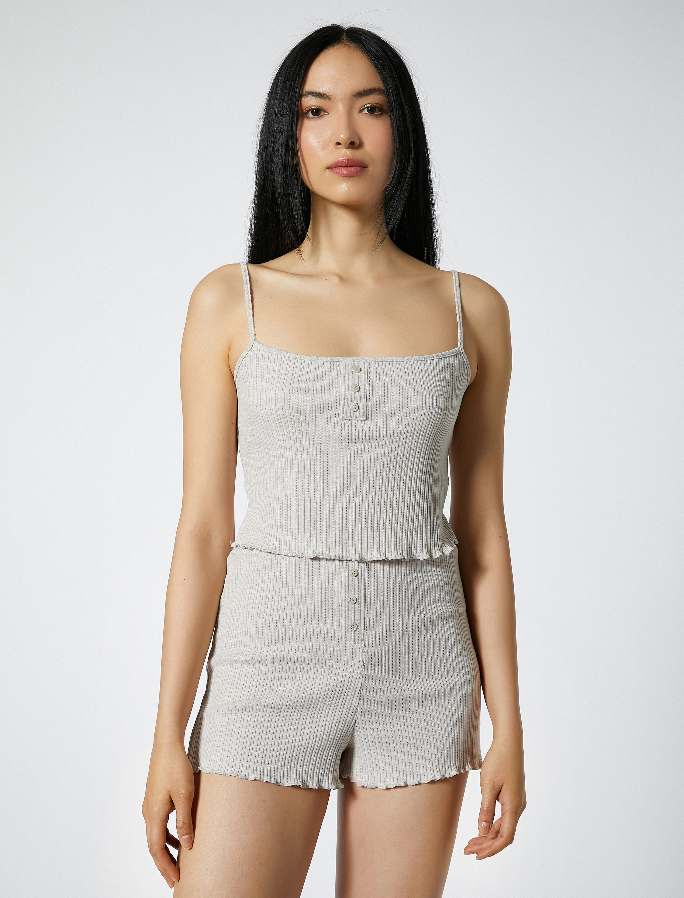   Askılı Pijama Üstü Crop Düğmeli Fitilli