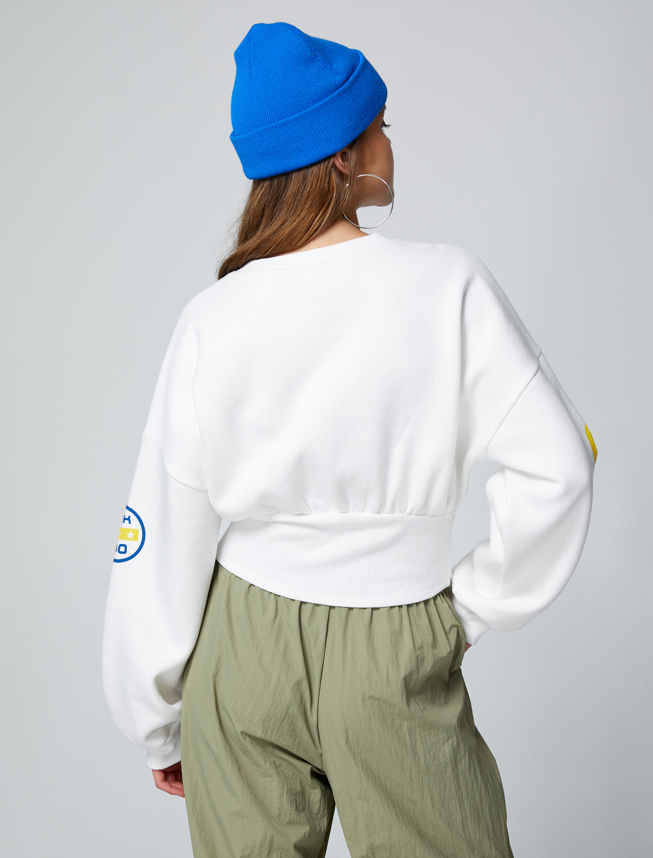   Şardonlu Baskılı Sweatshirt Beli Korse Detaylı Bisiklet Yaka