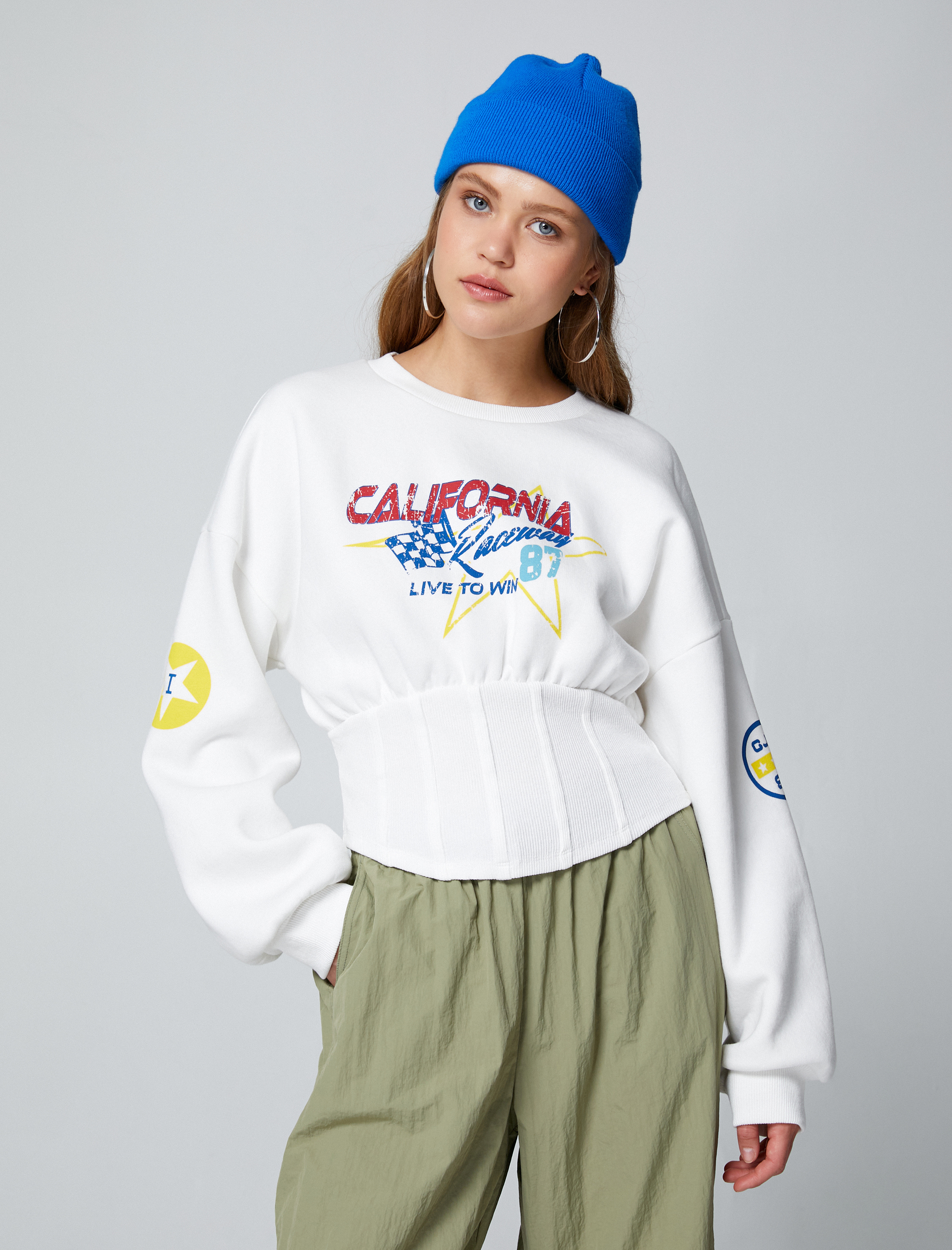   Şardonlu Baskılı Sweatshirt Beli Korse Detaylı Bisiklet Yaka