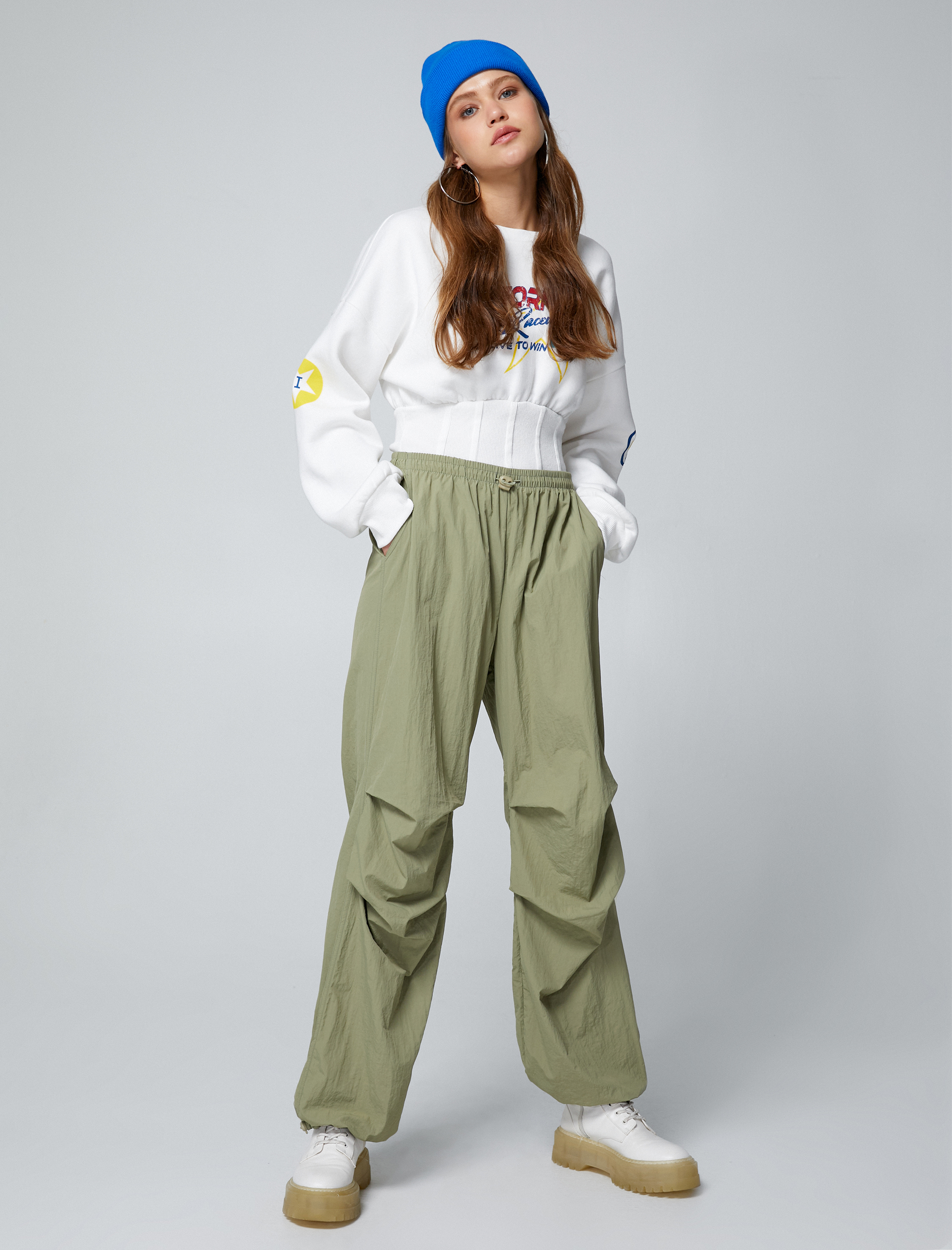   Şardonlu Baskılı Sweatshirt Beli Korse Detaylı Bisiklet Yaka