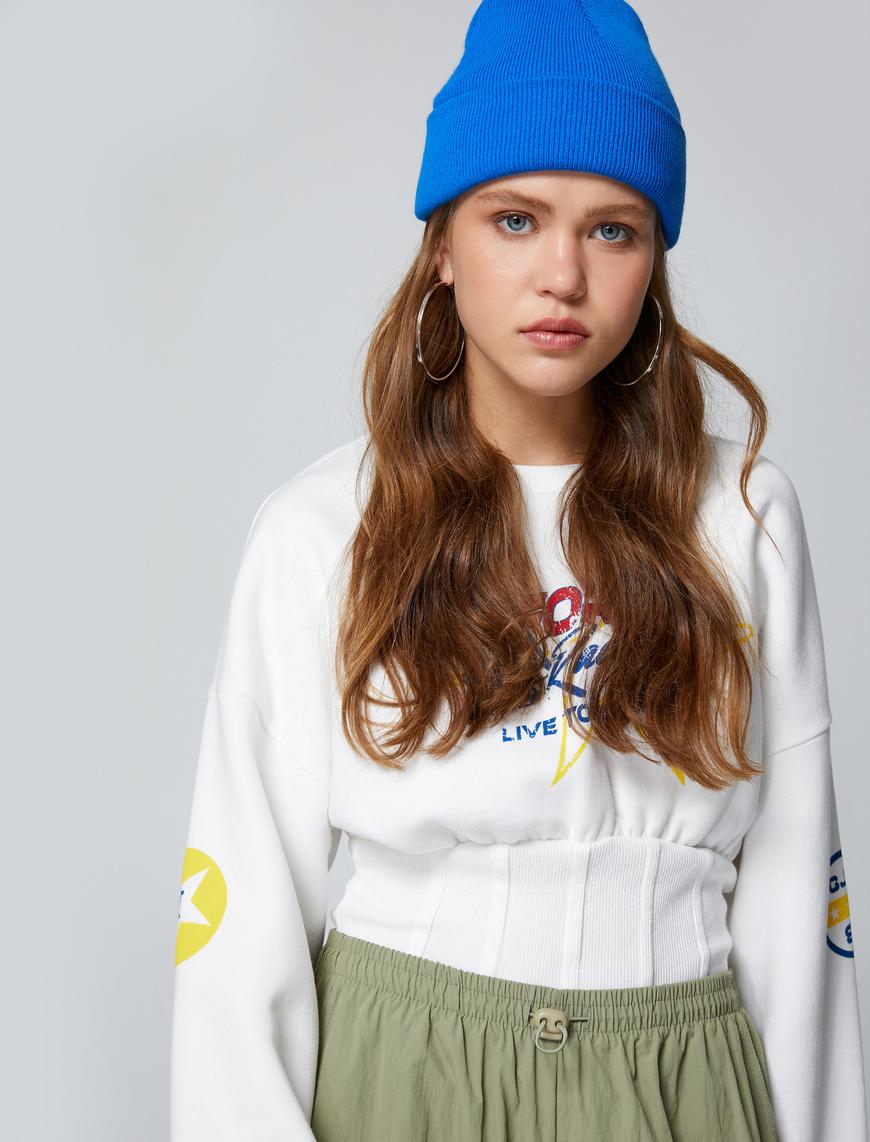   Şardonlu Baskılı Sweatshirt Beli Korse Detaylı Bisiklet Yaka