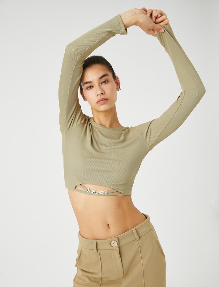  Uzun Kollu Tişört Crop Bisiklet Yaka Metal Aksesuarlı