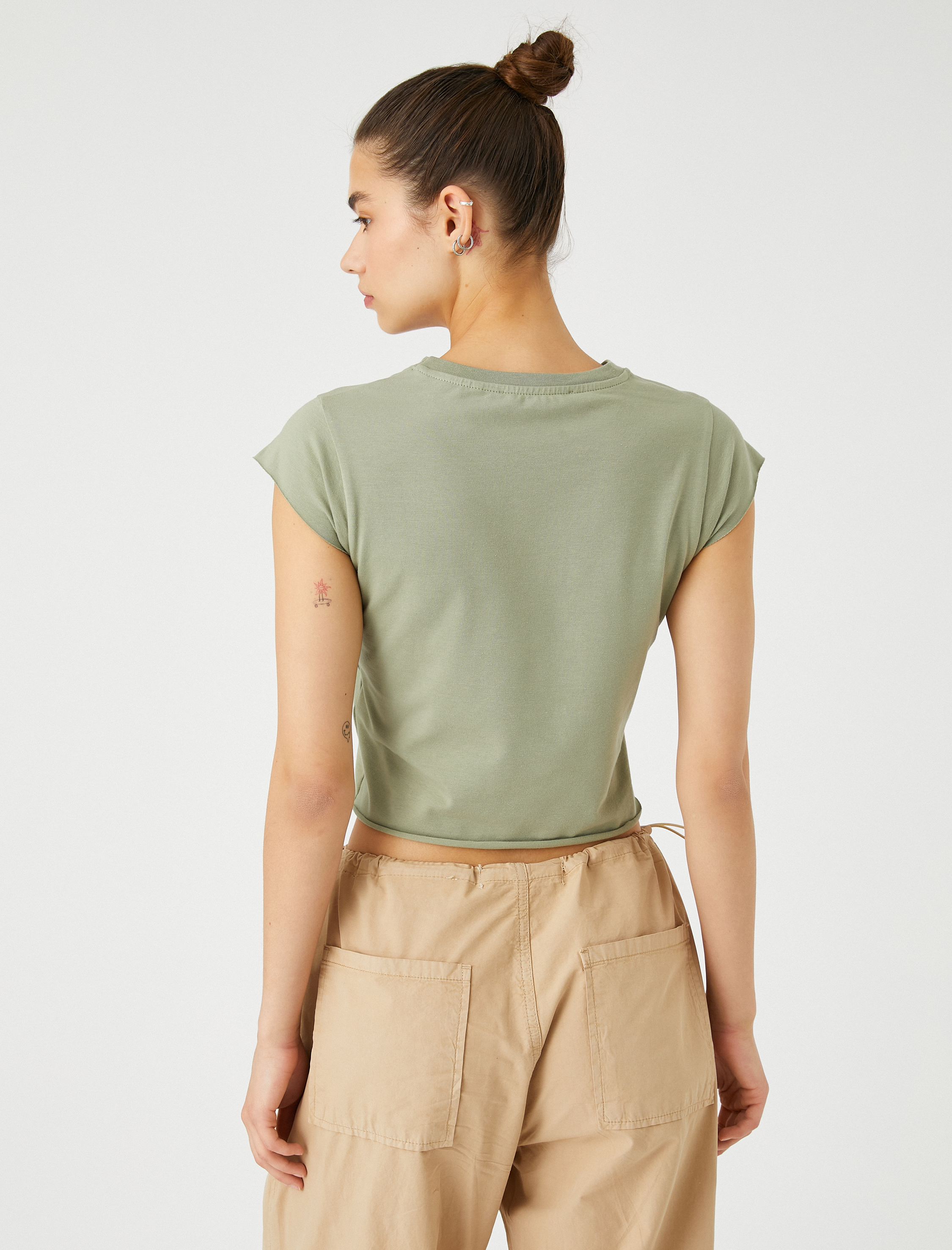   Crop Tişört New York Baskılı Bisiklet Yaka Pamuklu