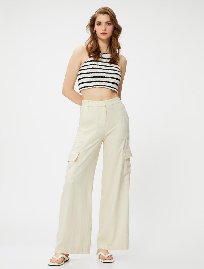  Kargo Pantolon Keten Karışımlı Cepli