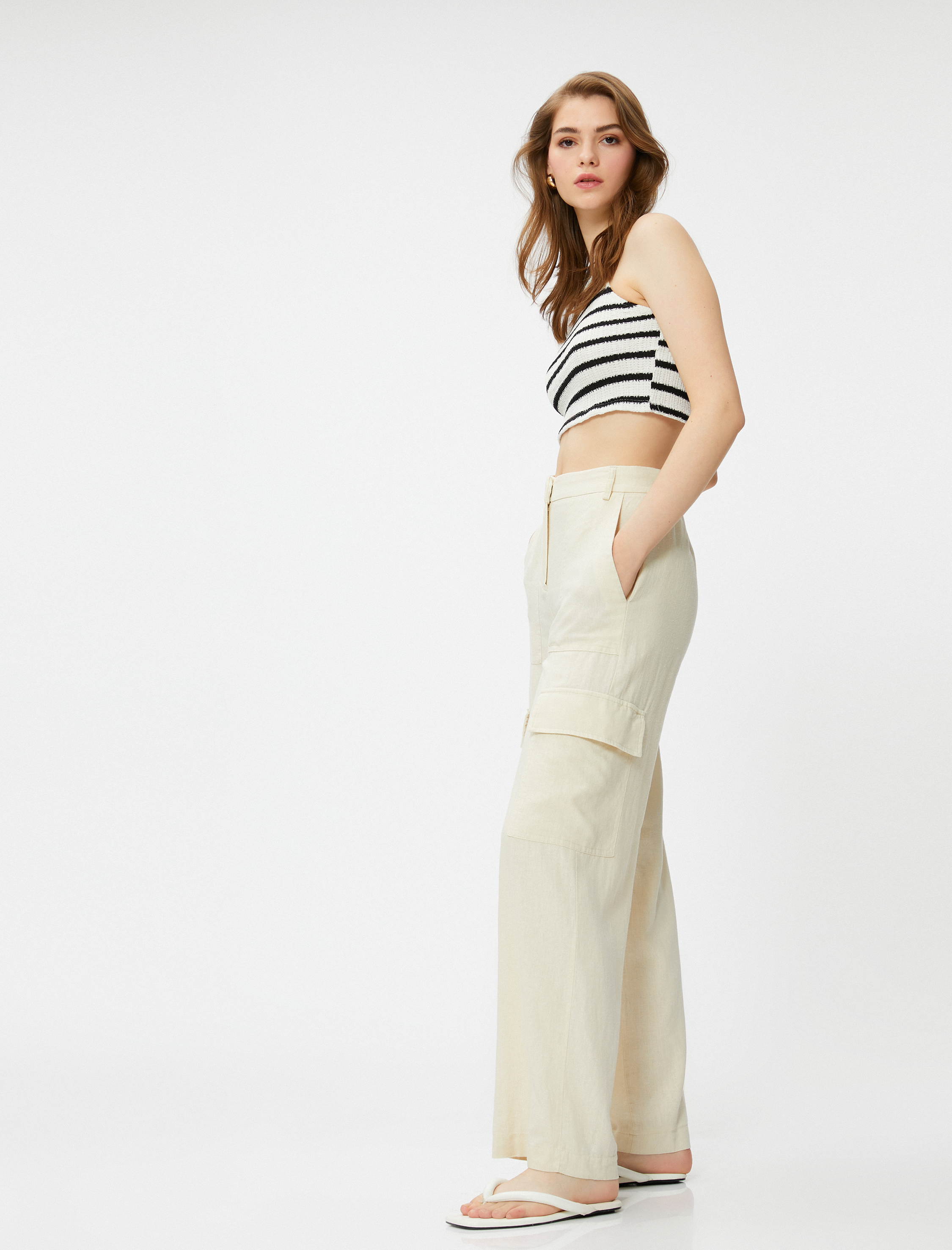   Kargo Pantolon Keten Karışımlı Cepli