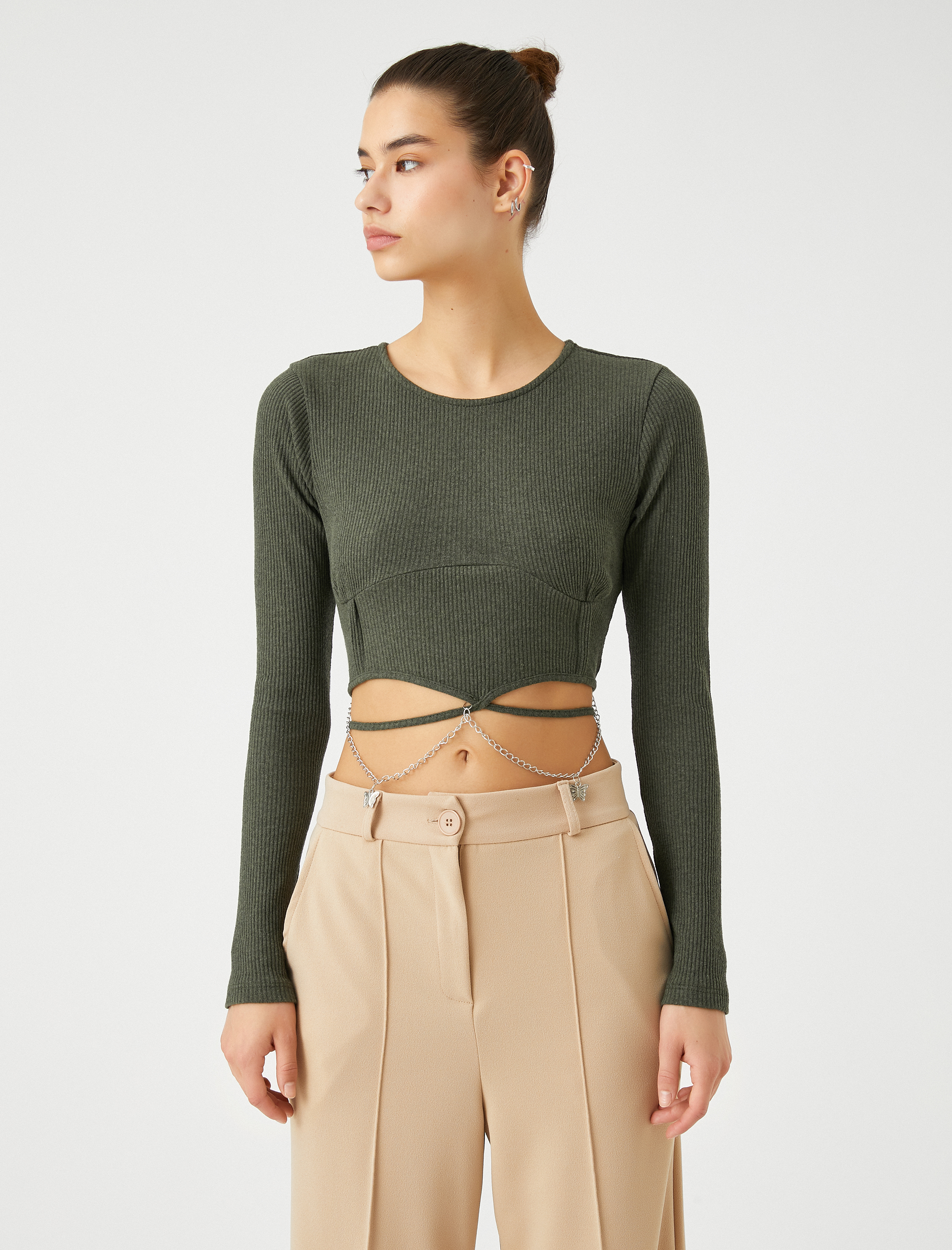   Crop Tişört Uzun Kollu Zincir Kelebek Detaylı Bisiklet Yaka