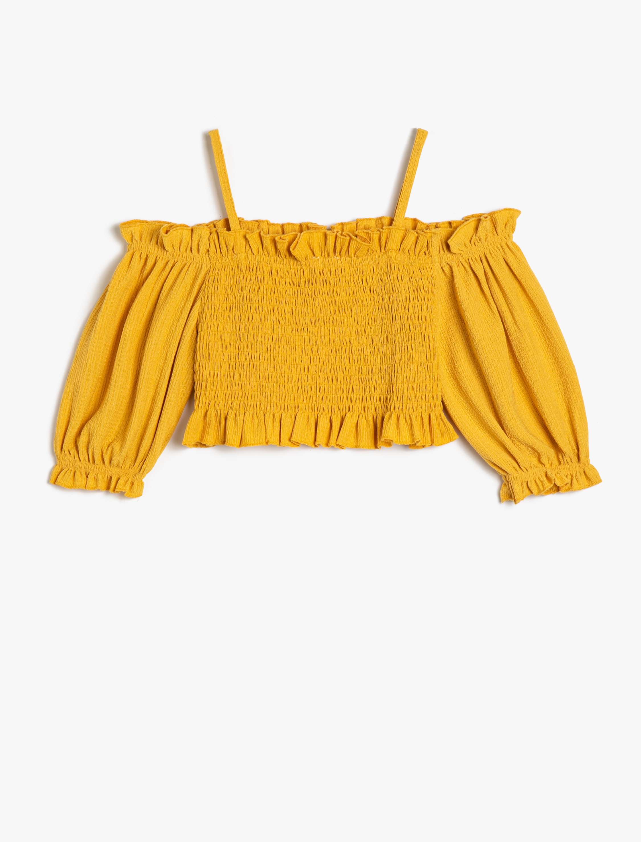  Kız Çocuk Crop Bluz Düşük Omuz Askılı Gipeli Kısa Kollu