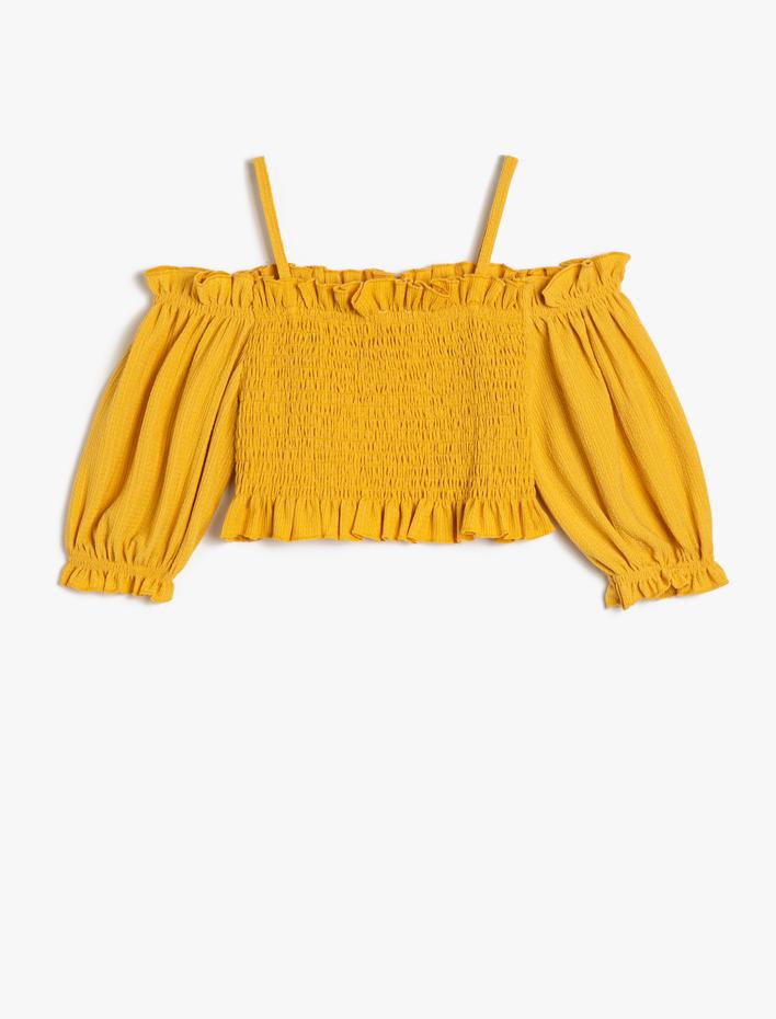 Kız Çocuk Crop Bluz Düşük Omuz Askılı Gipeli Kısa Kollu