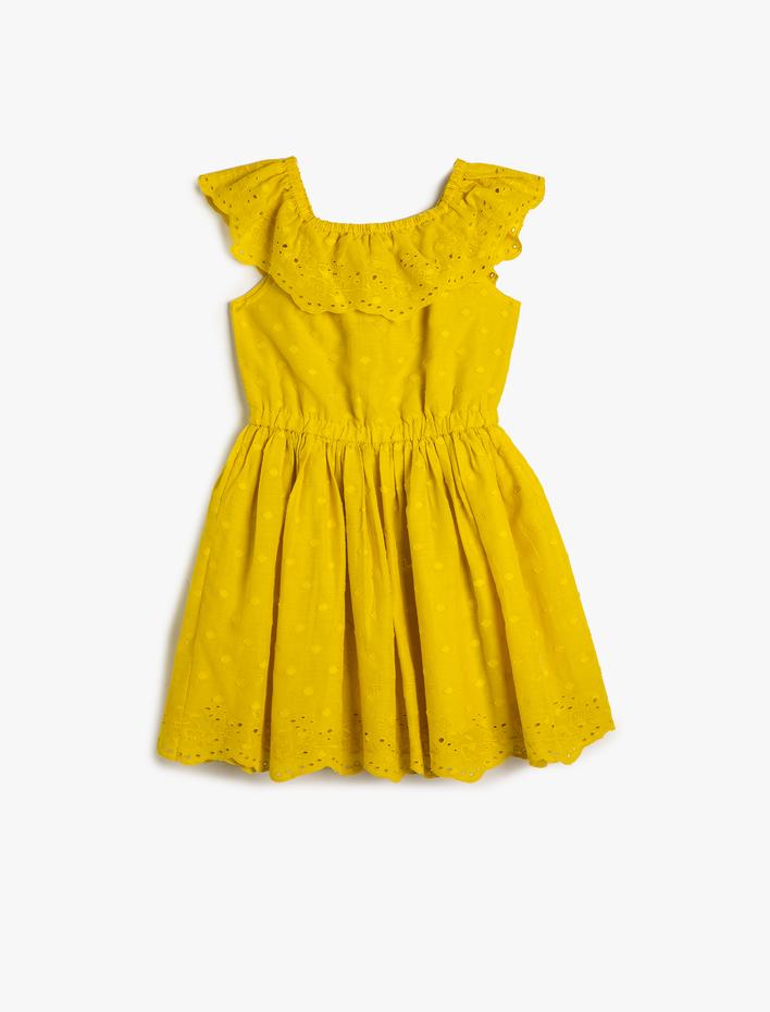 Kız Çocuk Midi Elbise Fırfırlı Fistolu Dökümlü Yaka Pamuklu Astarlı