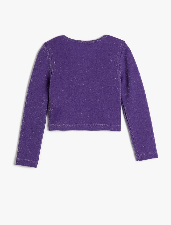 Kız Çocuk Crop Bluz Uzun Kollu Önü Büzgülü Parıltılı V Yaka Dar Kalıp