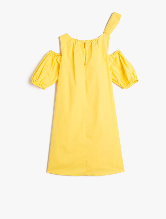 Kız Çocuk Elbise Fiyonk Detaylı Pencere Detaylı Yuvarlak Yaka Pamuklu