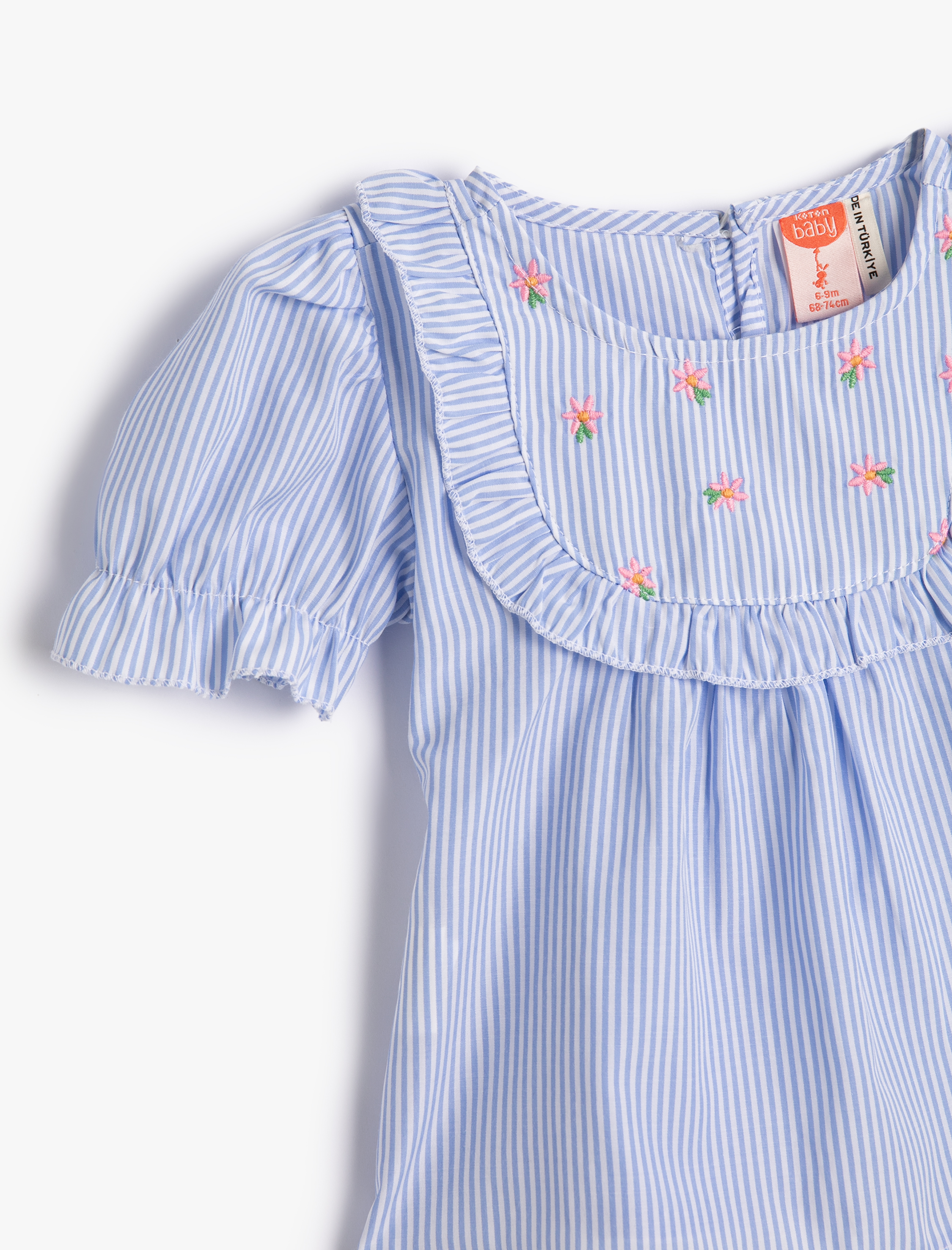  Kız Bebek Bluz Fırfırlı Kısa Balon Kollu Yuvarlak Yaka Çiçek İşlemeli