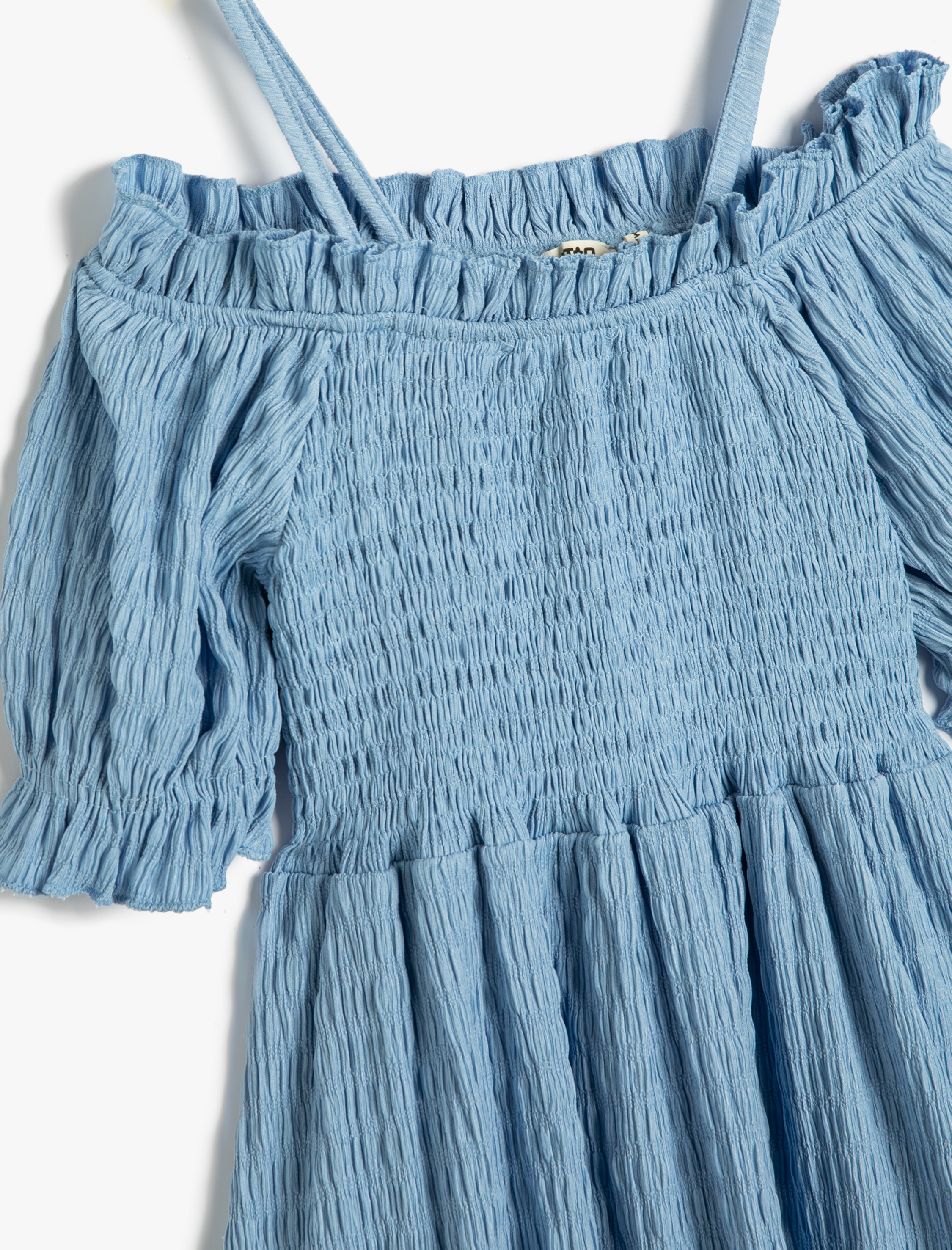  Kız Çocuk Midi Elbise Düşük Omuz Kısa Kollu Dokulu