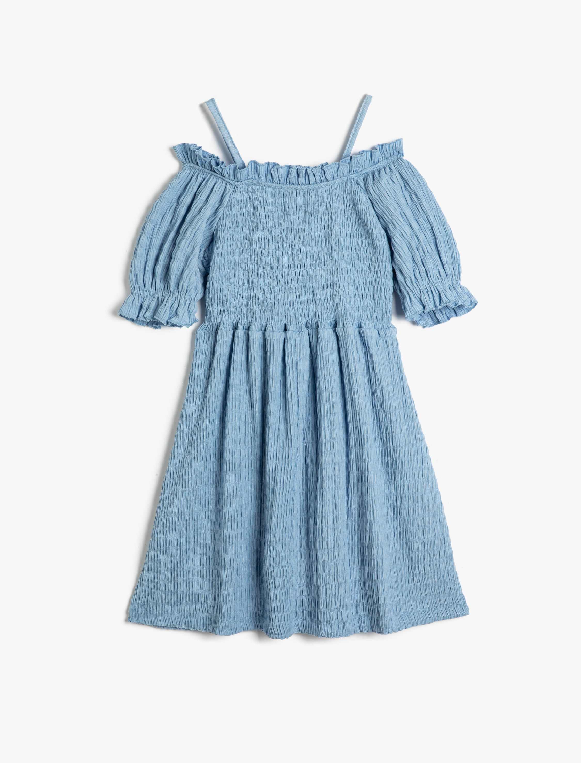  Kız Çocuk Midi Elbise Düşük Omuz Kısa Kollu Dokulu