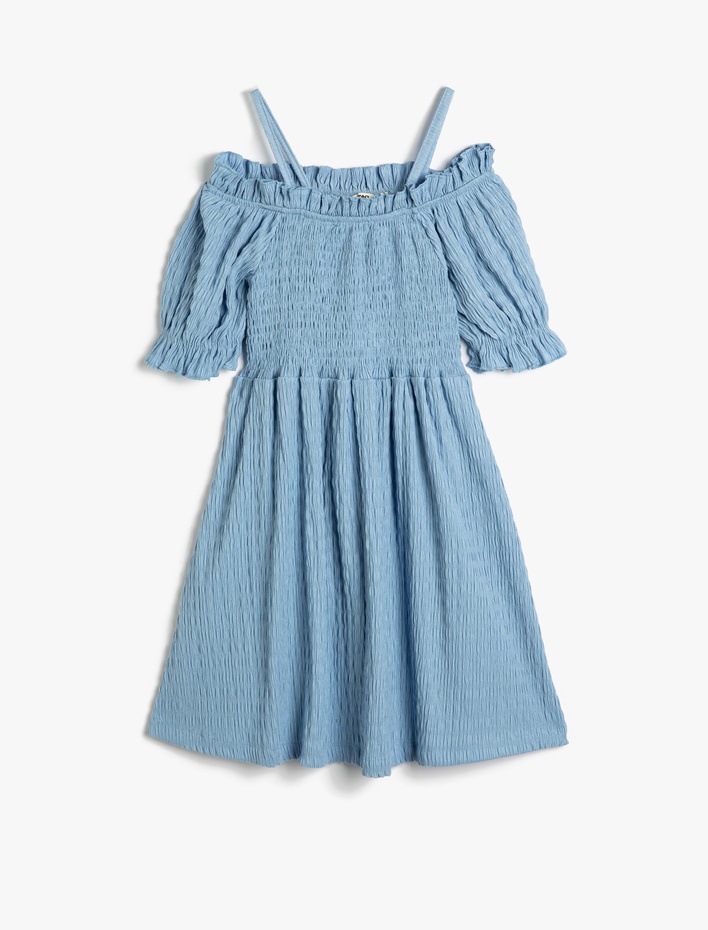 Kız Çocuk Midi Elbise Düşük Omuz Kısa Kollu Dokulu