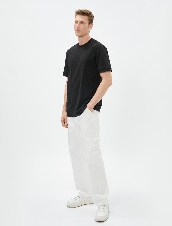  Basic Tişört Bisiklet Yaka Çift Kat Kol Detaylı Pamuklu